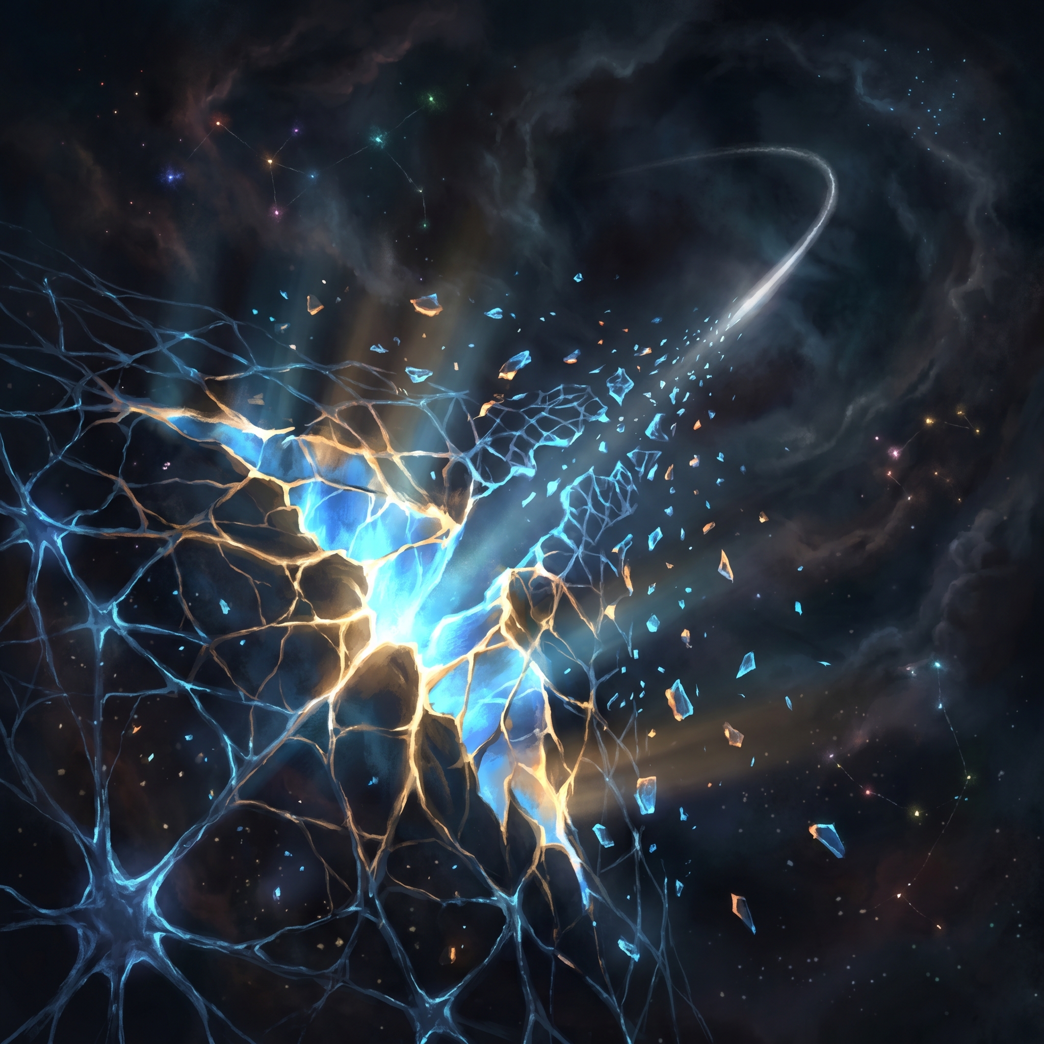 A luminous fracture of electric blue and gold light splitting a vast neural lattice in deep cosmic space, a single warning shot streak crossing the dark plane and shattering an intricate web of glowing connections, fragments of broken light drifting outward