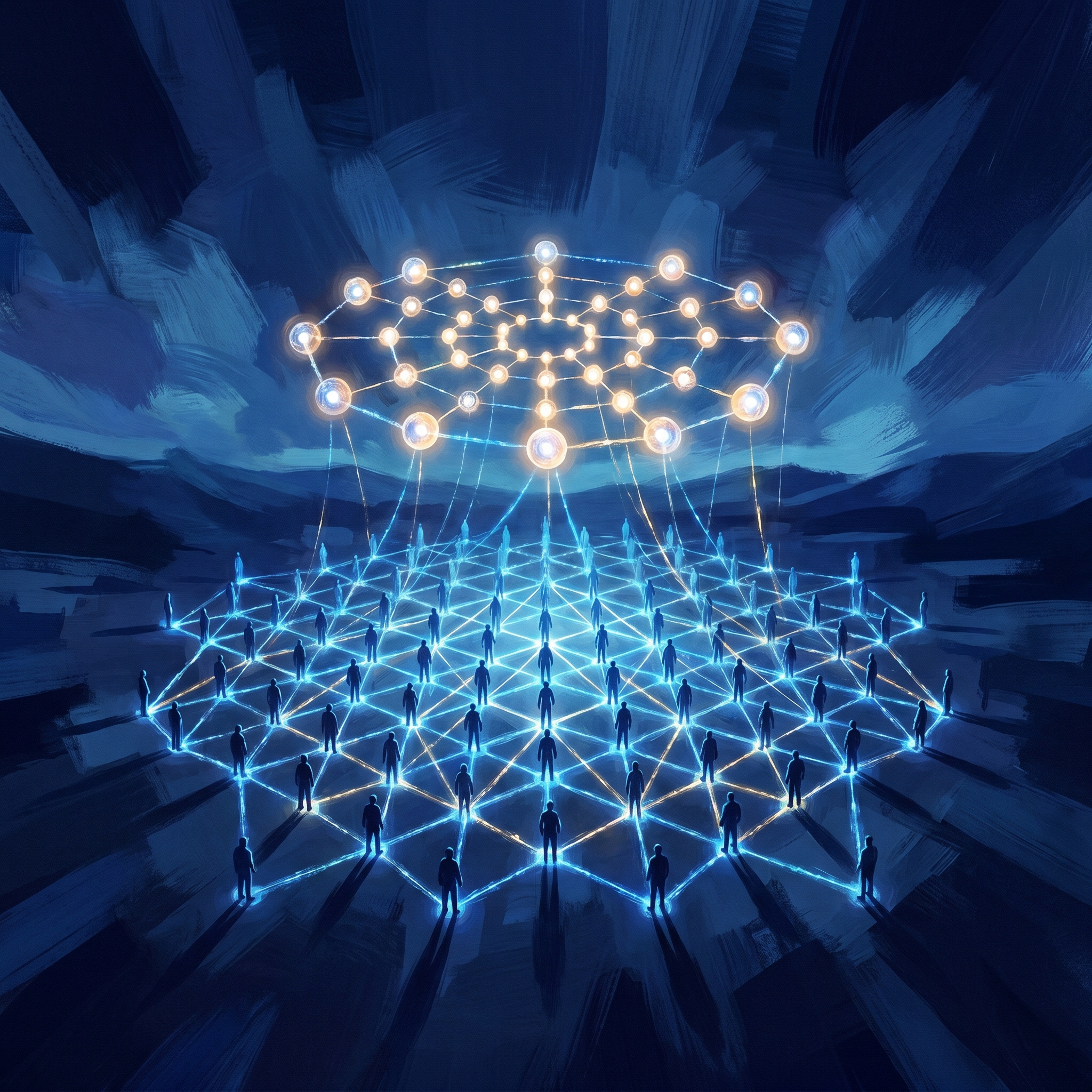 Hundreds of luminous humanoid silhouettes coordinating across a power grid lattice, with smaller AI agent nodes floating above in a constitutional civilization arrangement