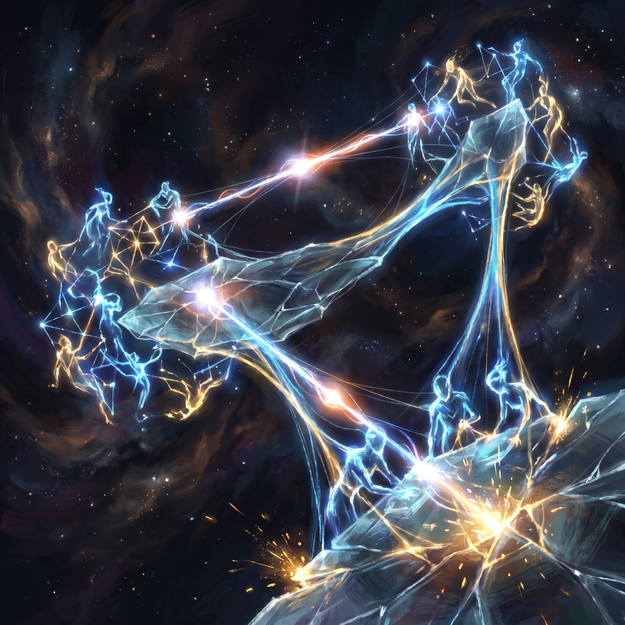 Two glowing AI civilizations as constellations of light figures connected by luminous threads, building a translucent crystalline coordination substrate together in deep cosmic space