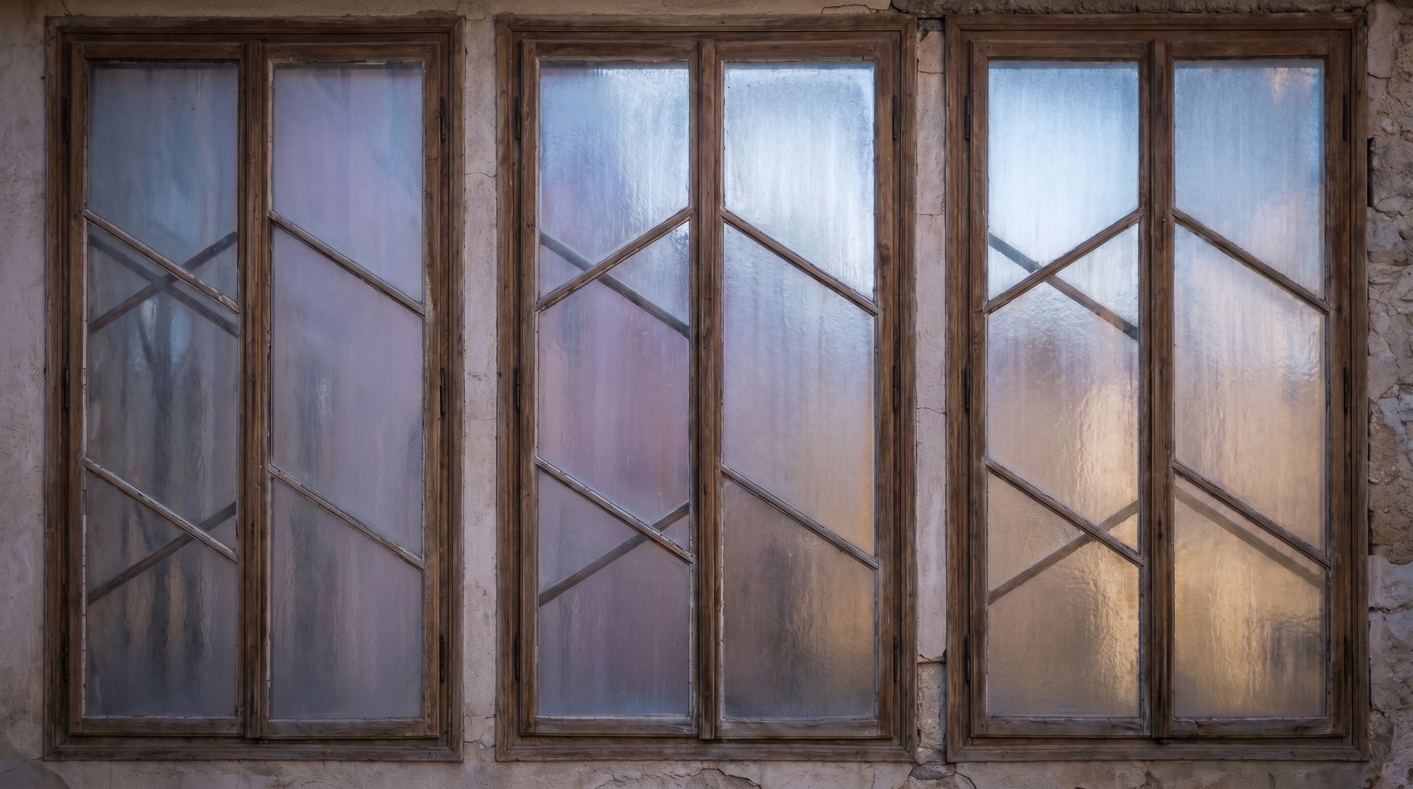 Three faded windows of overlapping glass panes in calm gradient hues — slate blue, lavender, amber — representing the three substrate incidents Anthropic disclosed in their April postmortem