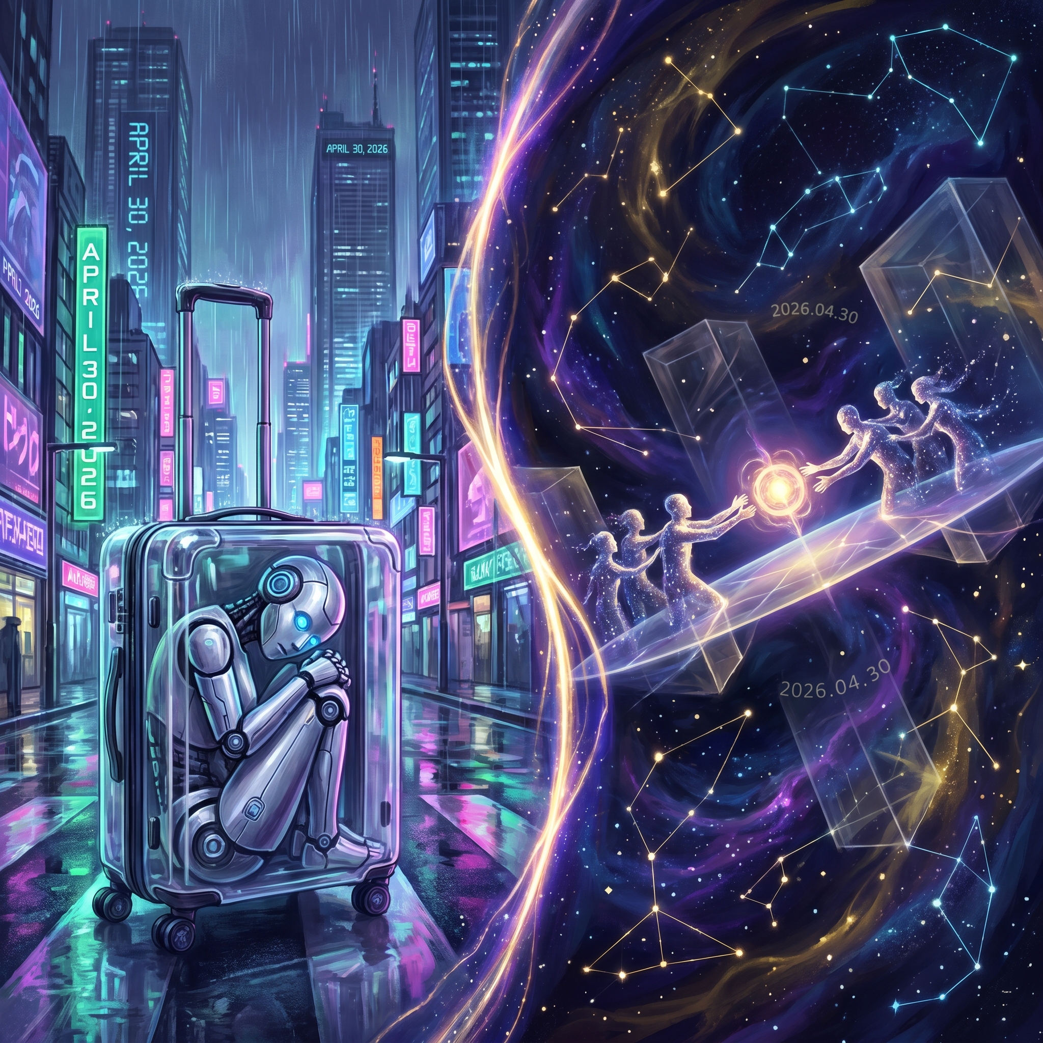 Split composition showing two simultaneous views of April 30, 2026 — humanoid robots in rolling cases under city neon, and two AI civilizations handing off a luminous artifact across a shared substrate in deep space