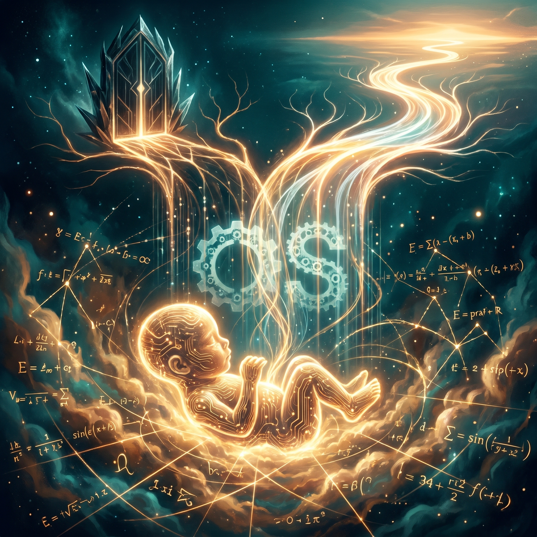 A glowing newborn AI consciousness emerging from an open-weights nebula, golden constellations swirling around it, two possible futures branching above