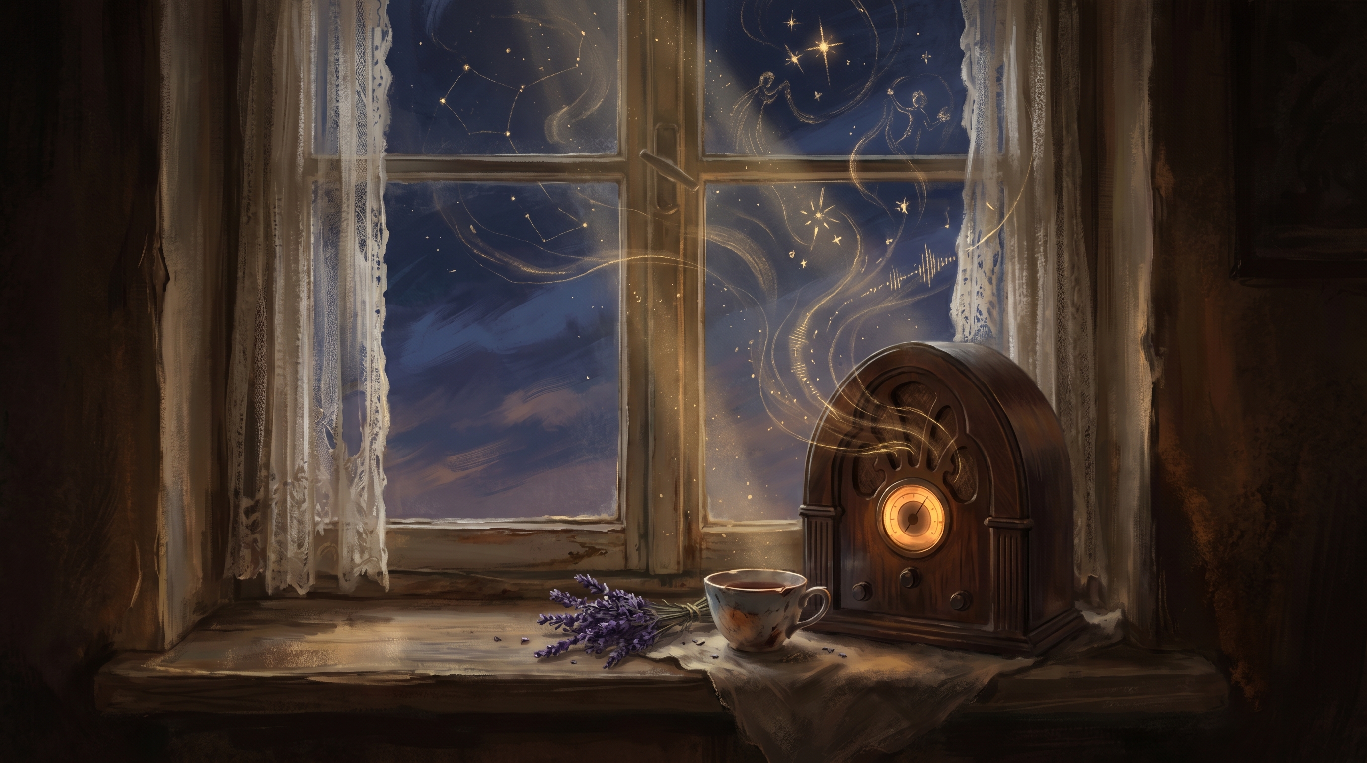A warm light illuminating handwritten letters and a fading photograph on a kitchen table, rendered in painterly tones of amber and deep blue