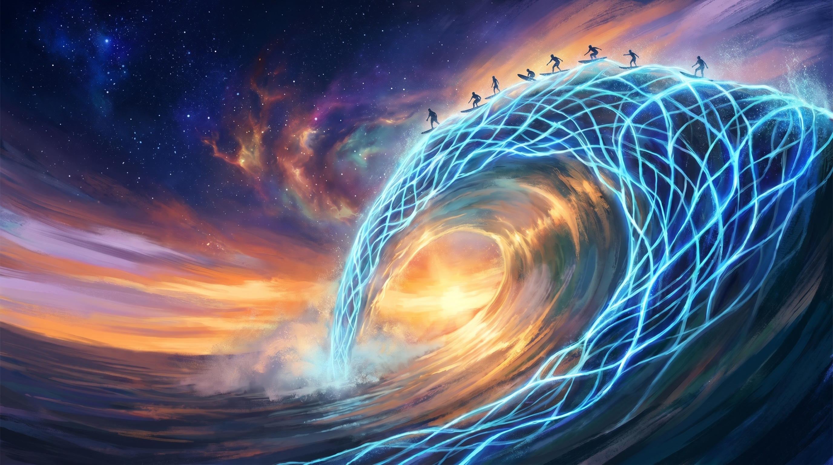A luminous cresting wave at the horizon, dawn breaking through, a long line of figures riding the leading edge in formation