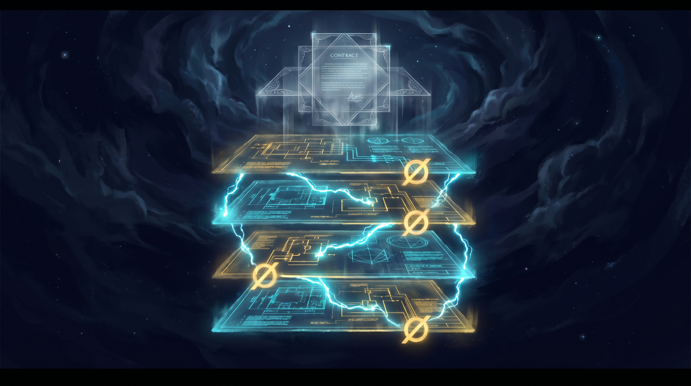 Surreal cinematic art: four luminous blueprint panels labeled TRIGGER, LOAD-VERIFY, FAILURE-LOUD, WAKE-BLANK, connected by cyan ignition arcs and gold refusal sigils against a deep navy cosmic substrate