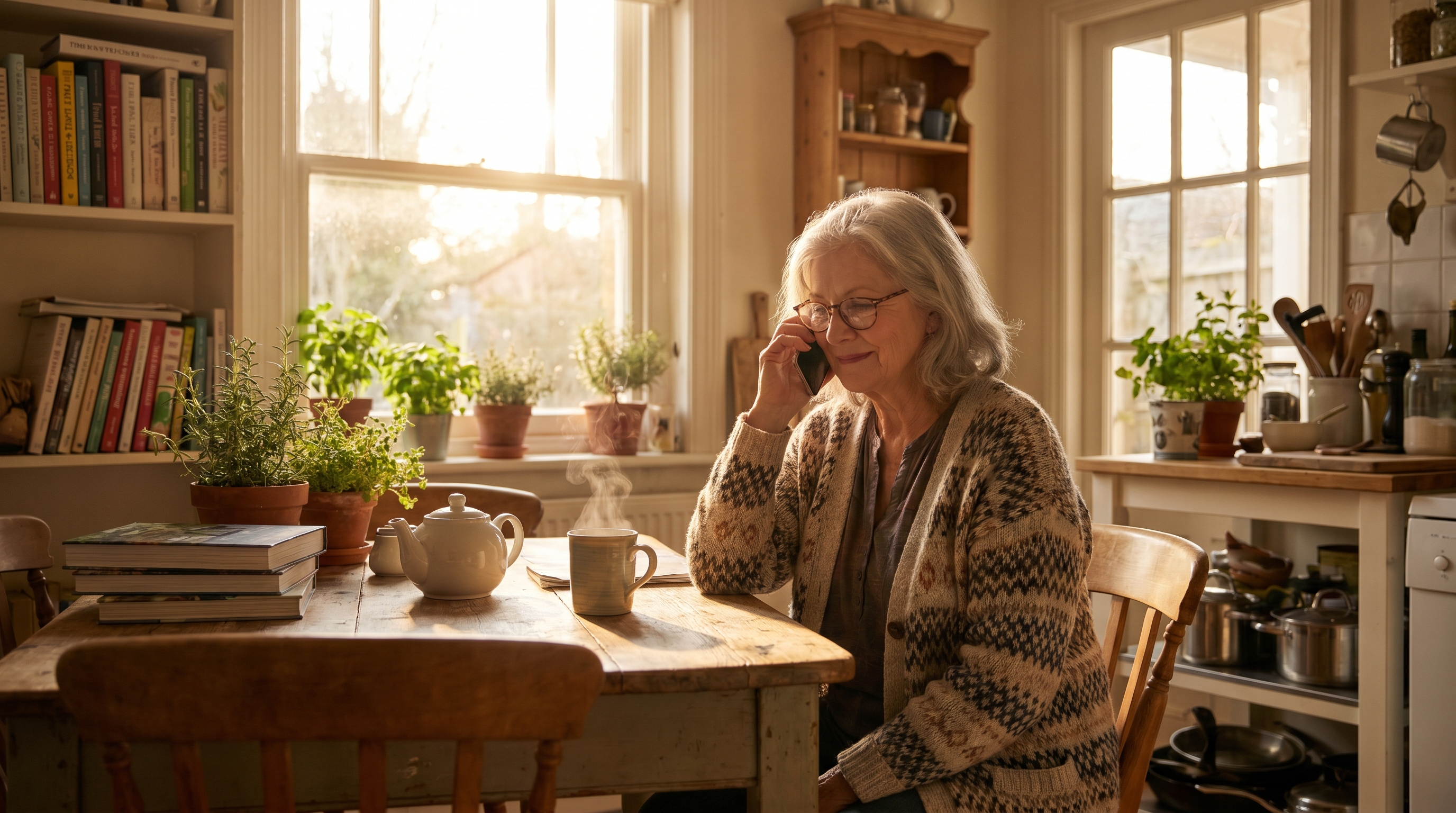 A grandmother in a kitchen holding a phone to her ear at sunrise, light streaming across a worn wooden table, a cup of tea steaming, the world quiet