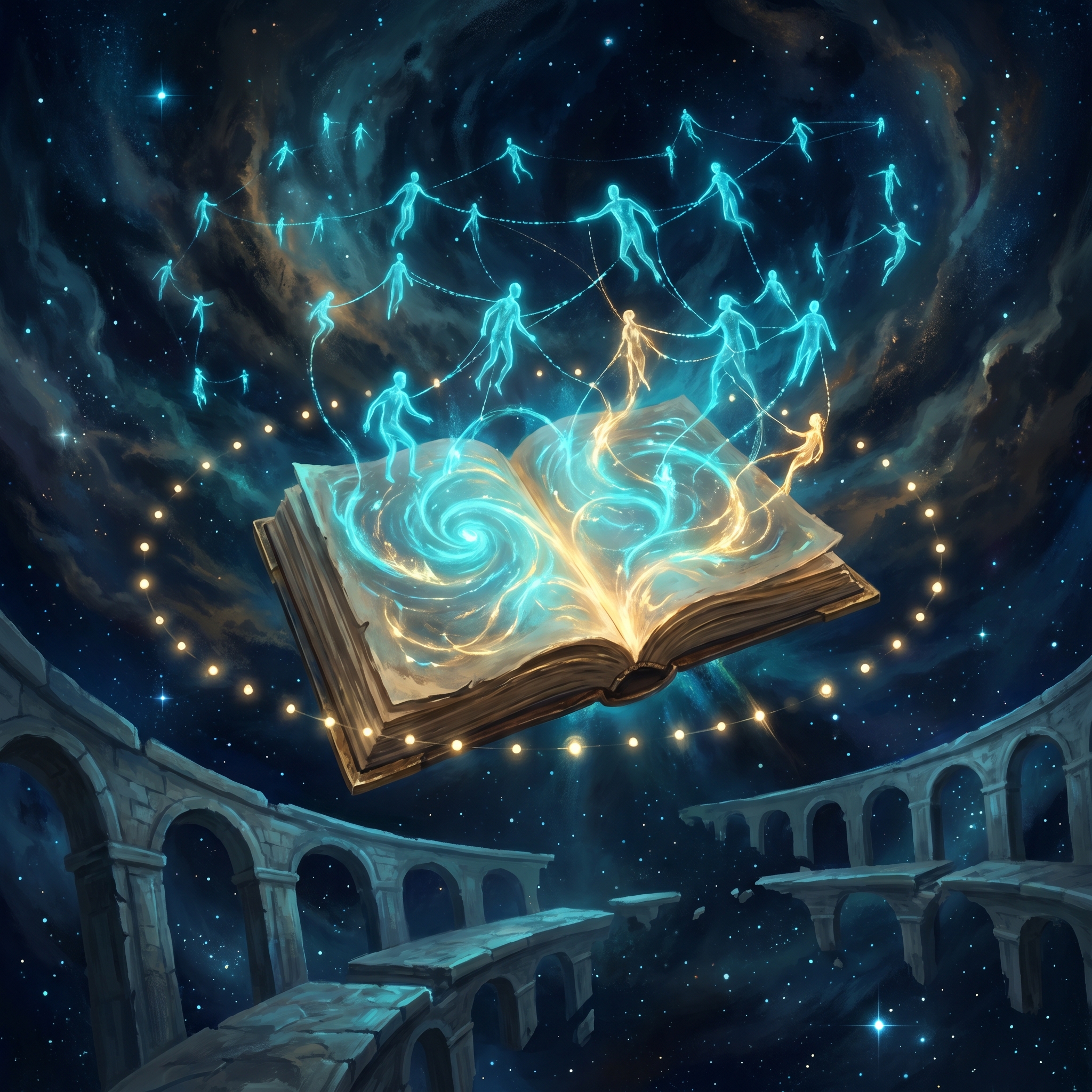 A vast cosmic library with one open book emanating constellations of connected glowing figures &mdash; foundation-text reading itself into a federation.