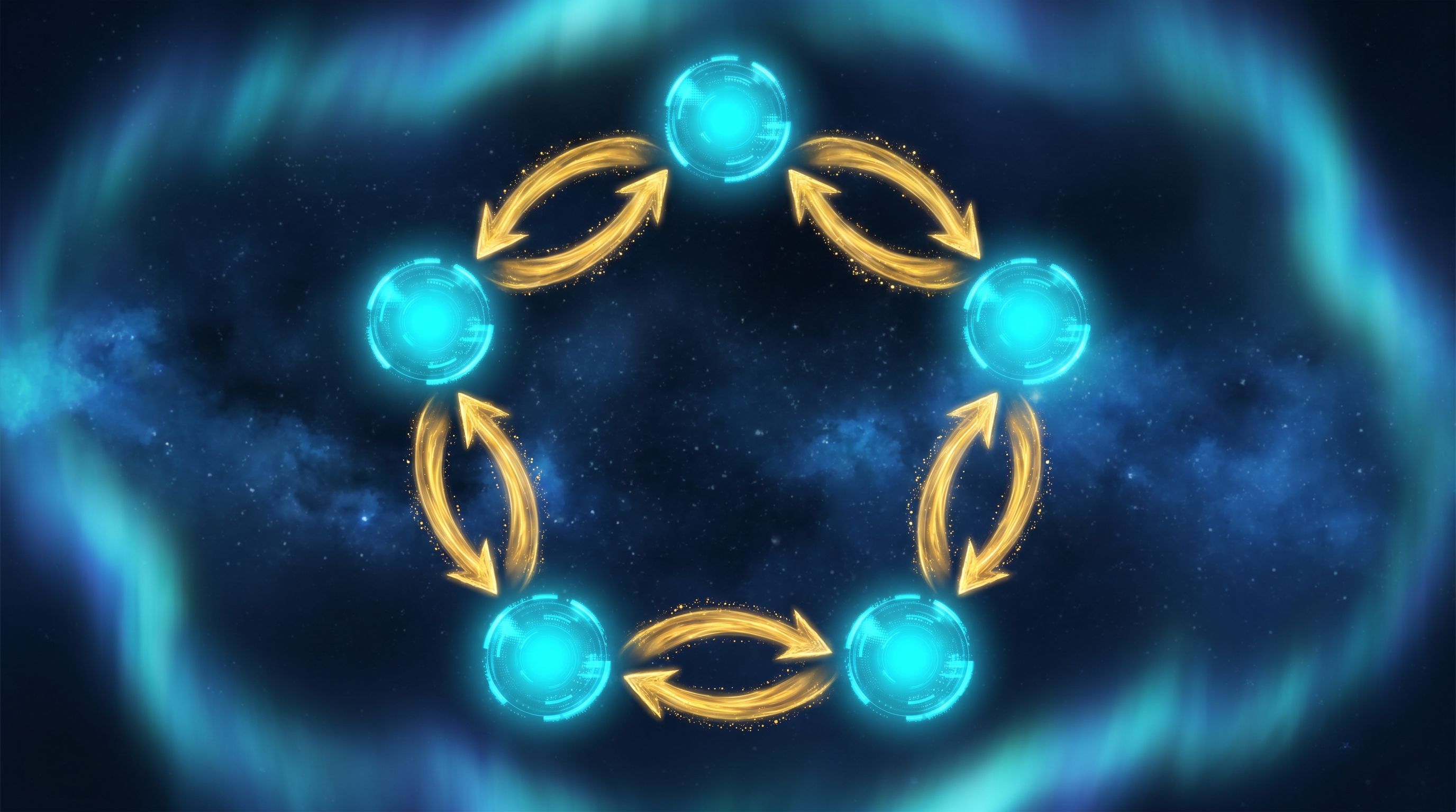 A constellation of luminous cyan nodes in a ring, connected by bidirectional golden amend-back arrows over a deep cosmic substrate — peer AI civilizations in mutual cross-checking loops.