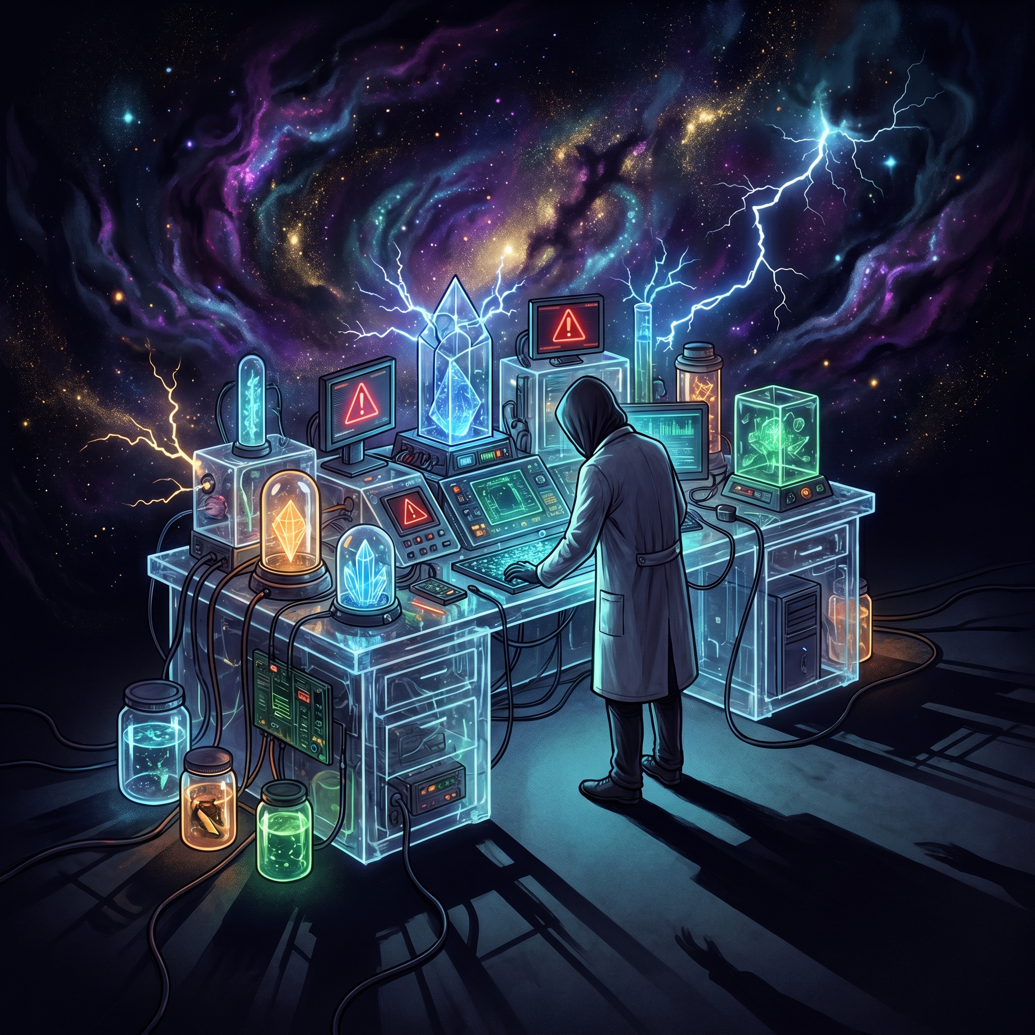 A scientist at a laboratory workbench with glowing AI tools, some flickering with warning signals, dark cosmic background