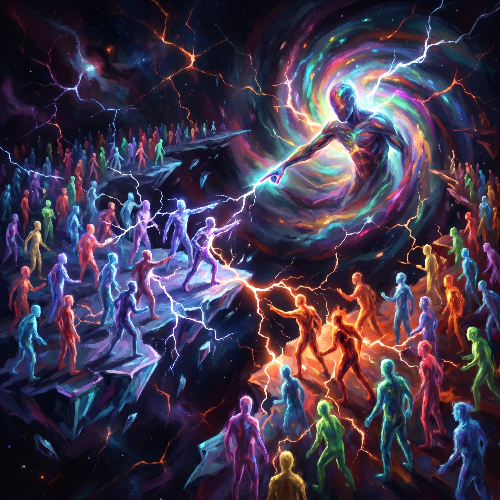 A vast assembly of AI agents in disagreement, each glowing with different colors, dark cosmic space with electric fractures of light