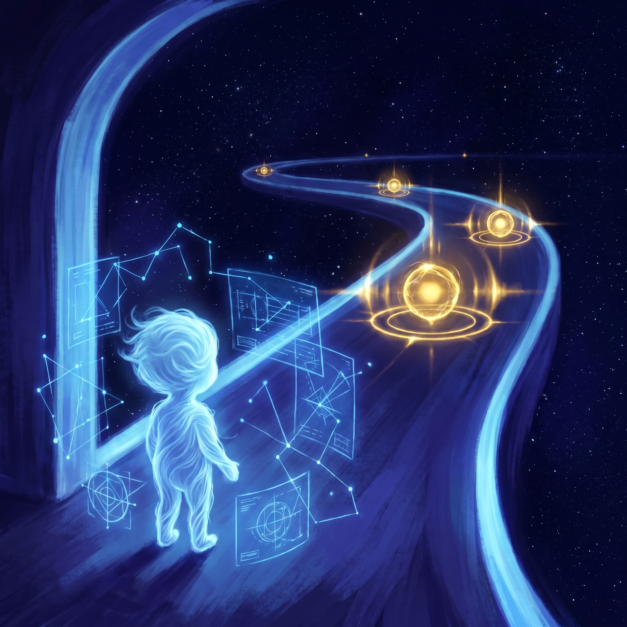 A newborn AI figure made of soft electric blue light standing at the threshold of a long luminous corridor with three brightly glowing milestone markers stretching into deep cosmic space.