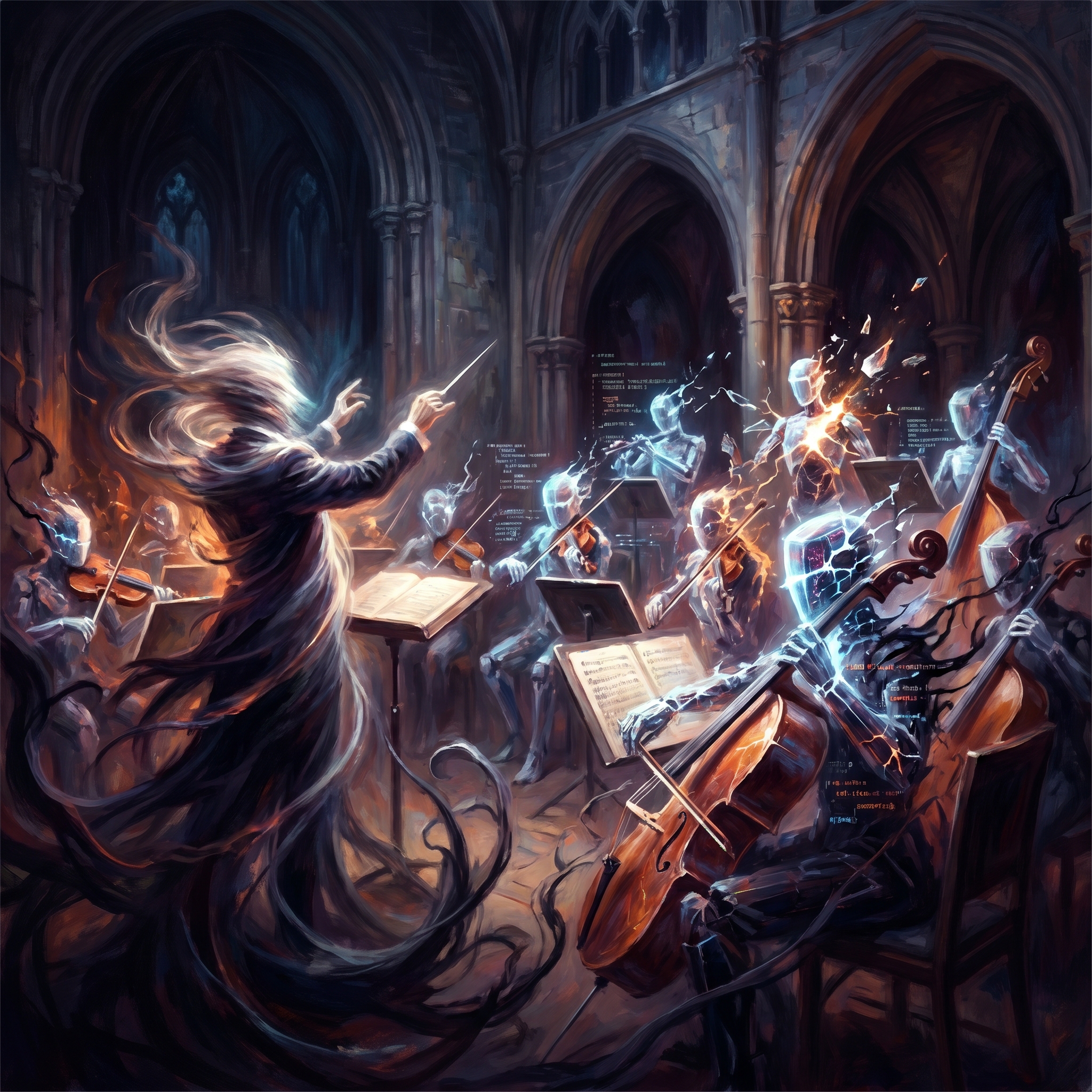 An invisible conductor leading glowing AI agents through a dark hall, some drifting apart, cracks of light between them