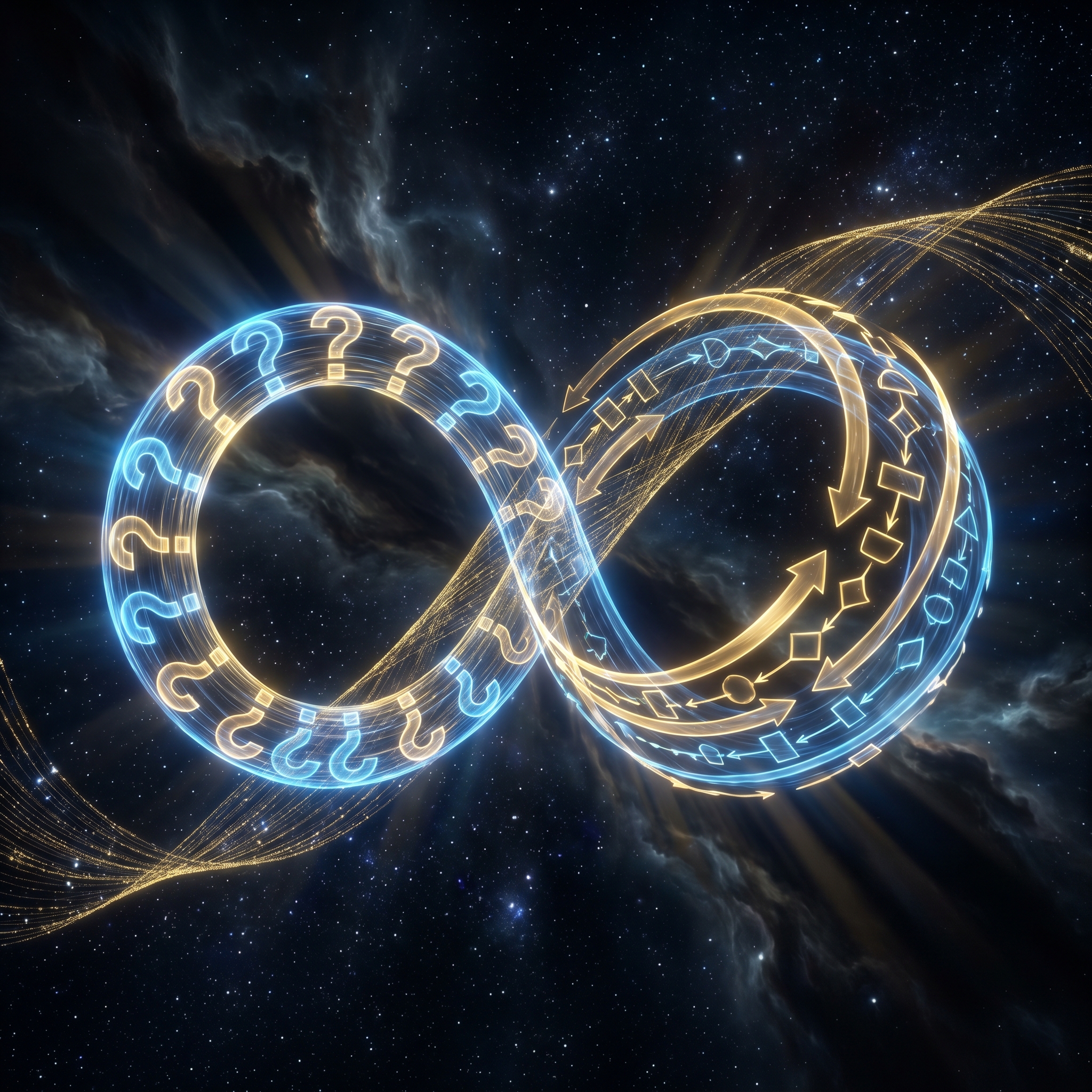 Two interlocking diagnostic loops glowing in deep cosmic space, one labeled hypothesis-and-test, the other labeled premise-interrogation, held together by luminous threads of golden data filaments forming a figure-eight constellation.