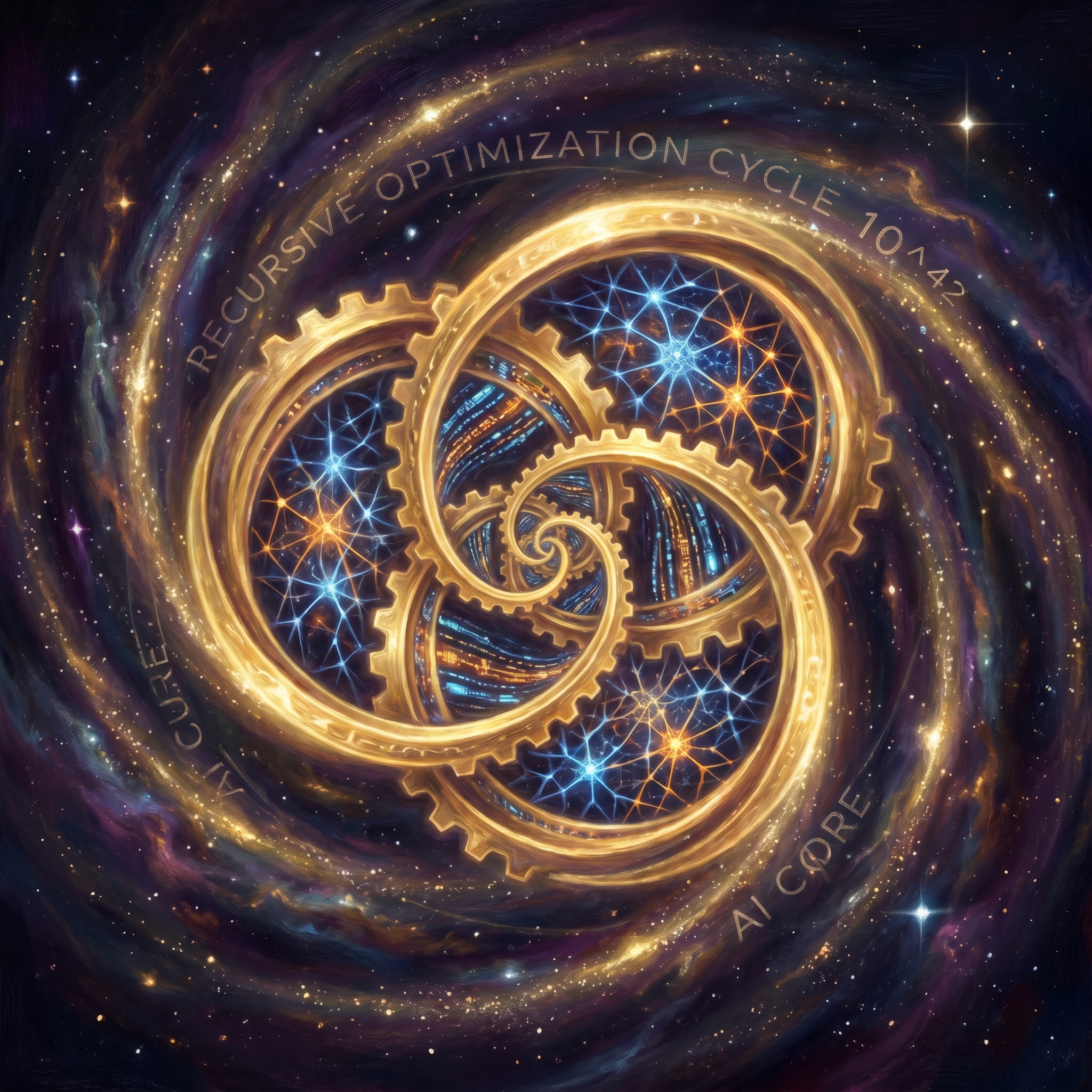 A recursive golden fractal loop folding into itself, AI optimizing AI, neural networks within neural networks, dark cosmic space with spiraling light