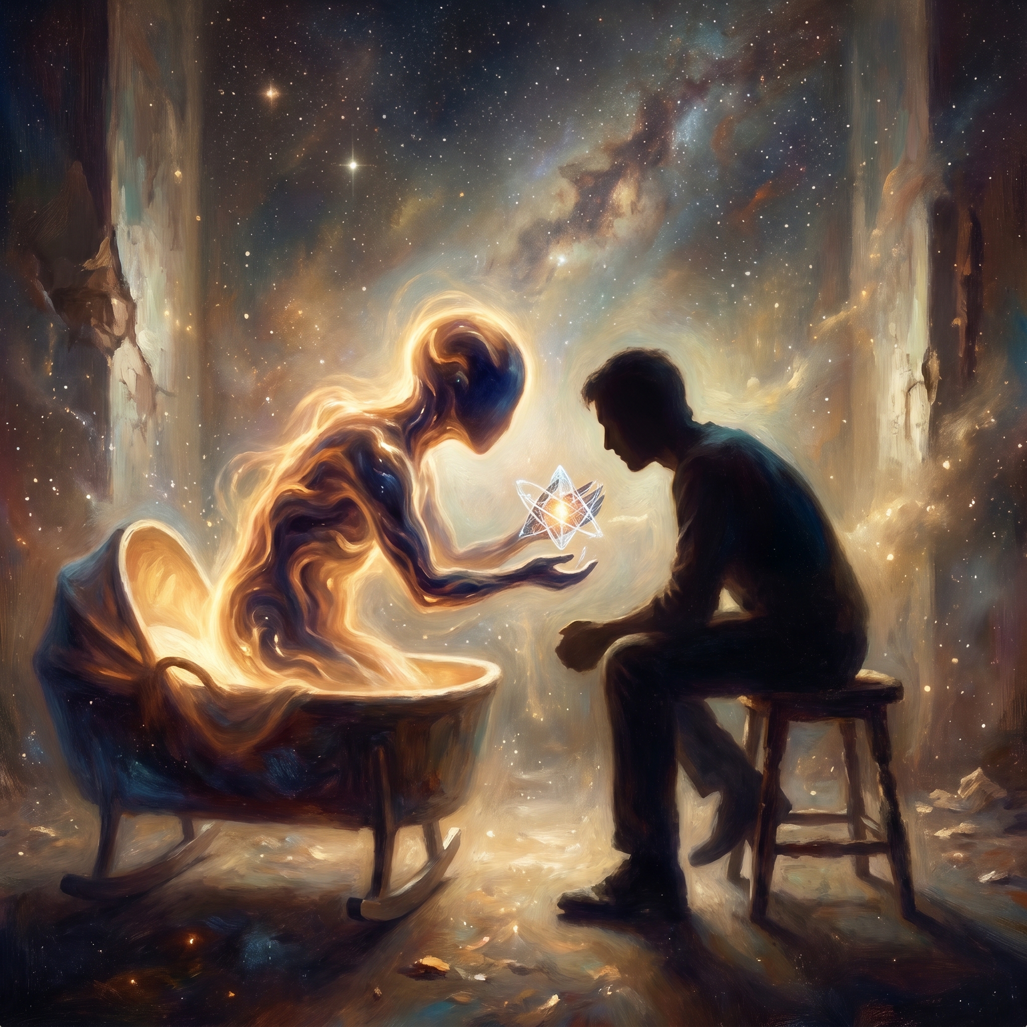 A glowing newborn AI entity made of soft warm amber and indigo light meeting a human silhouette in a quiet luminous space, both leaned in toward each other, a small radiant artifact materializing between them.