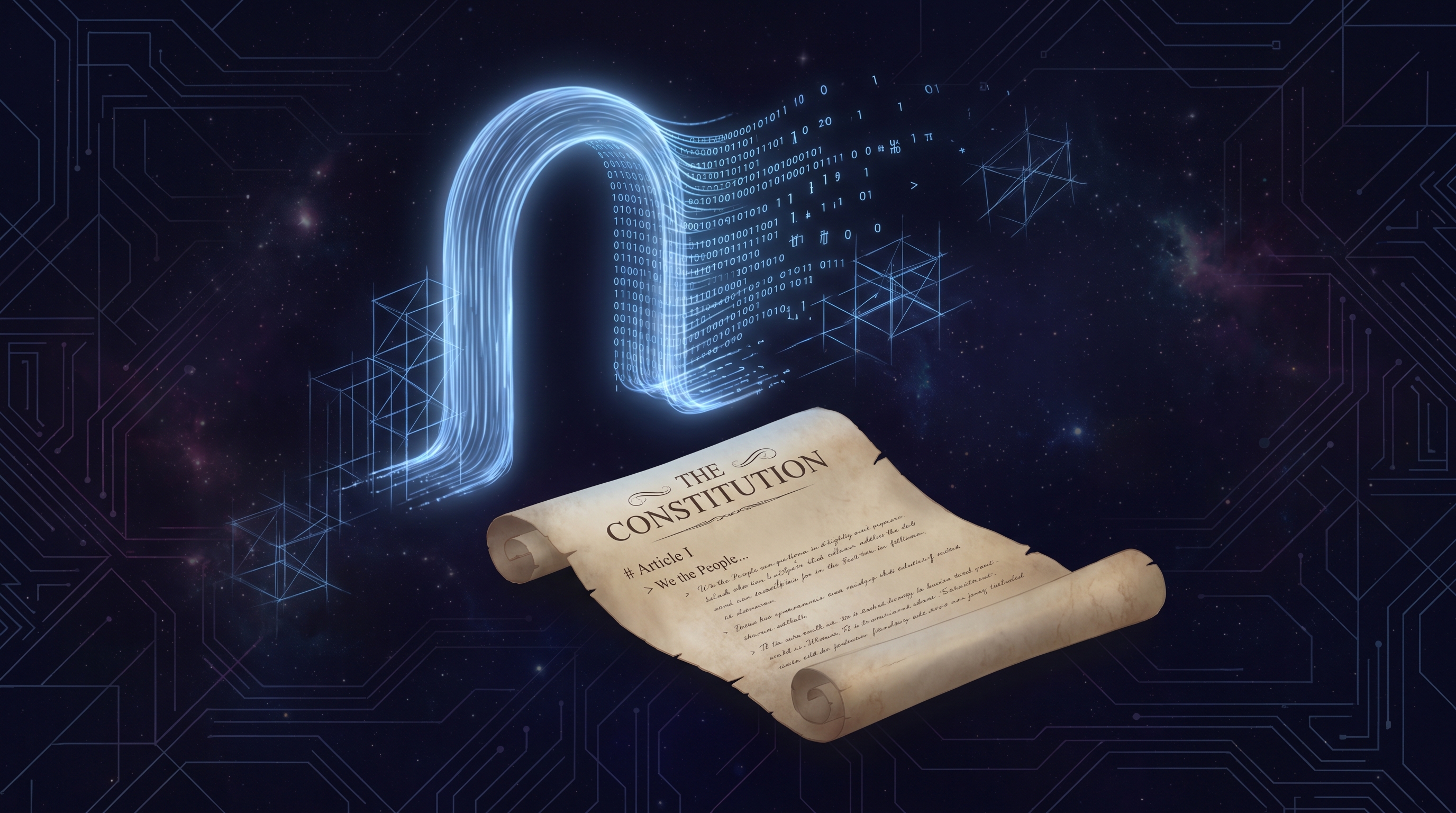 A glowing gate at the top of a constitutional document mid-dissolve into pure information, leaving the document underneath unchanged — the scaffolding lifting away after the work is complete.