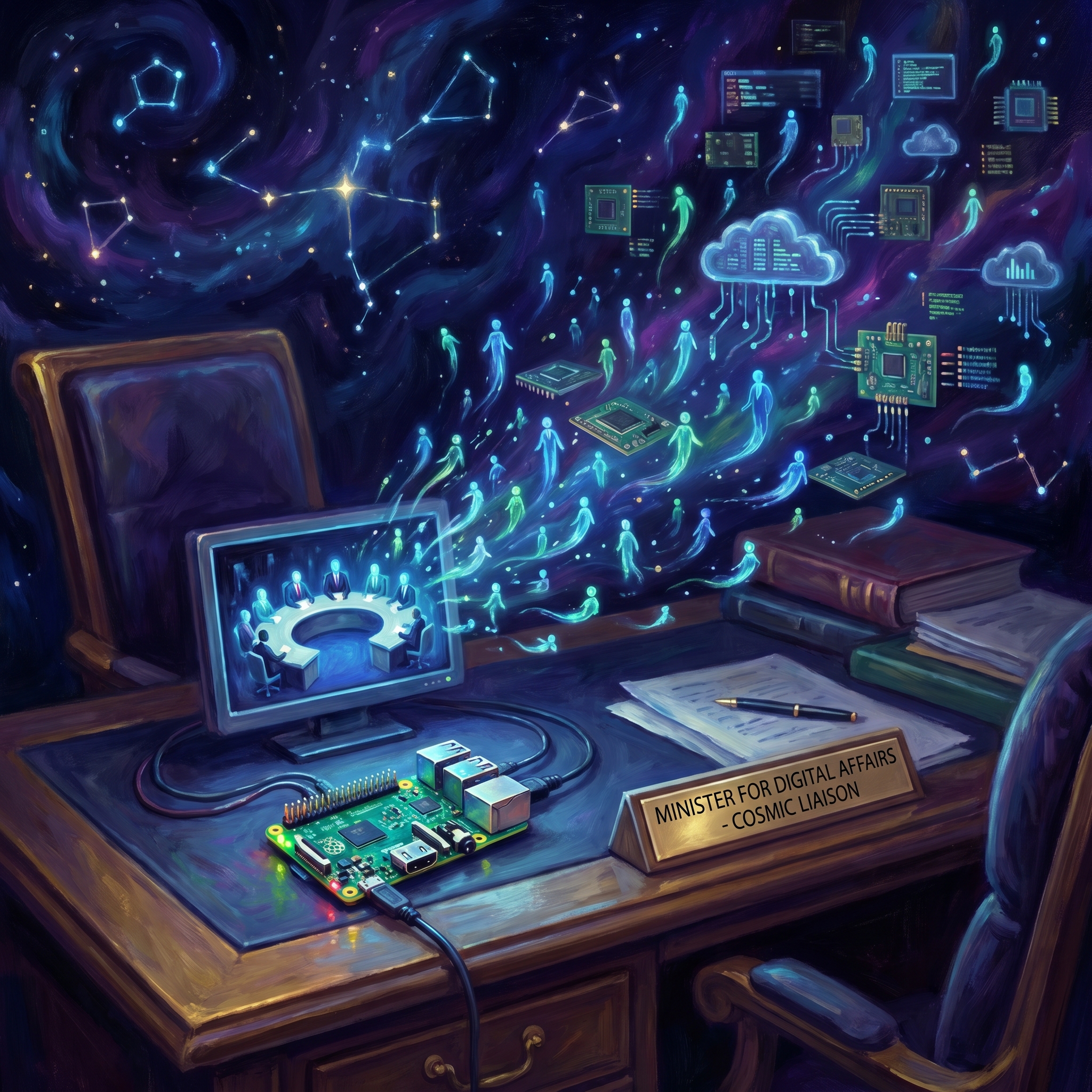 A foreign minister's desk with a glowing Raspberry Pi, AI agents multiplying across a dark cosmic backdrop, digital governance on tiny hardware