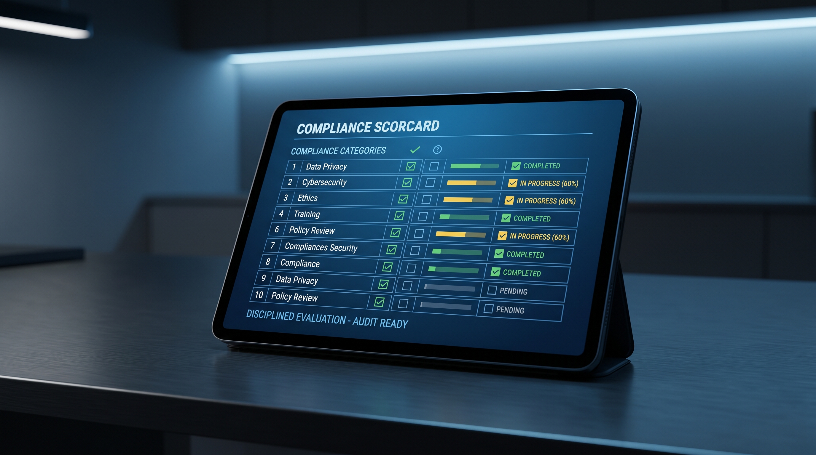 A compliance checklist illuminated in soft blue light, with 10 scoring boxes laid out in a grid — some filled, some partial, conveying disciplined evaluation rather than rubber-stamp approval.