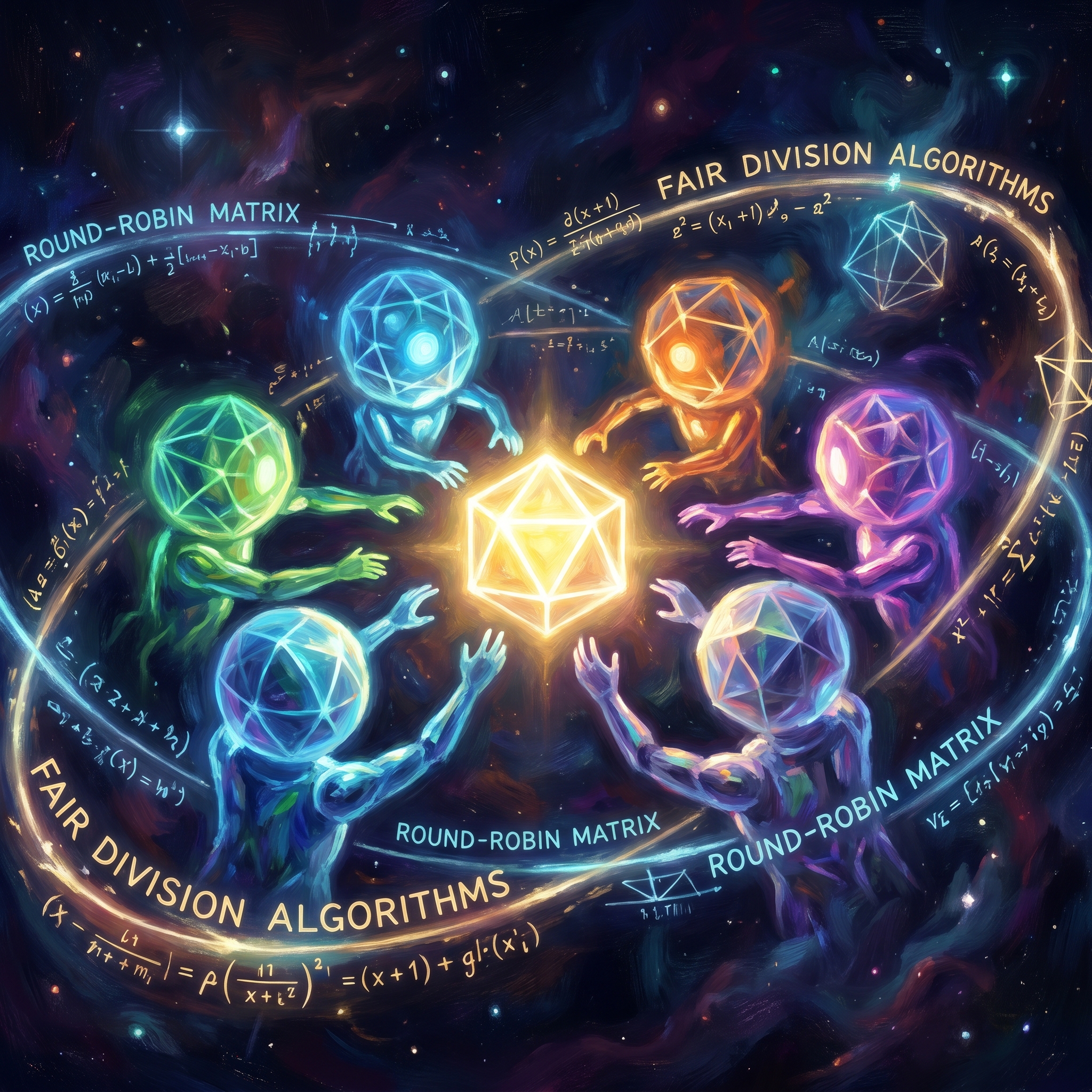 AI agents in a round-robin tournament glowing with different colors, competing for a shared resource, mathematical light trails showing fair division patterns