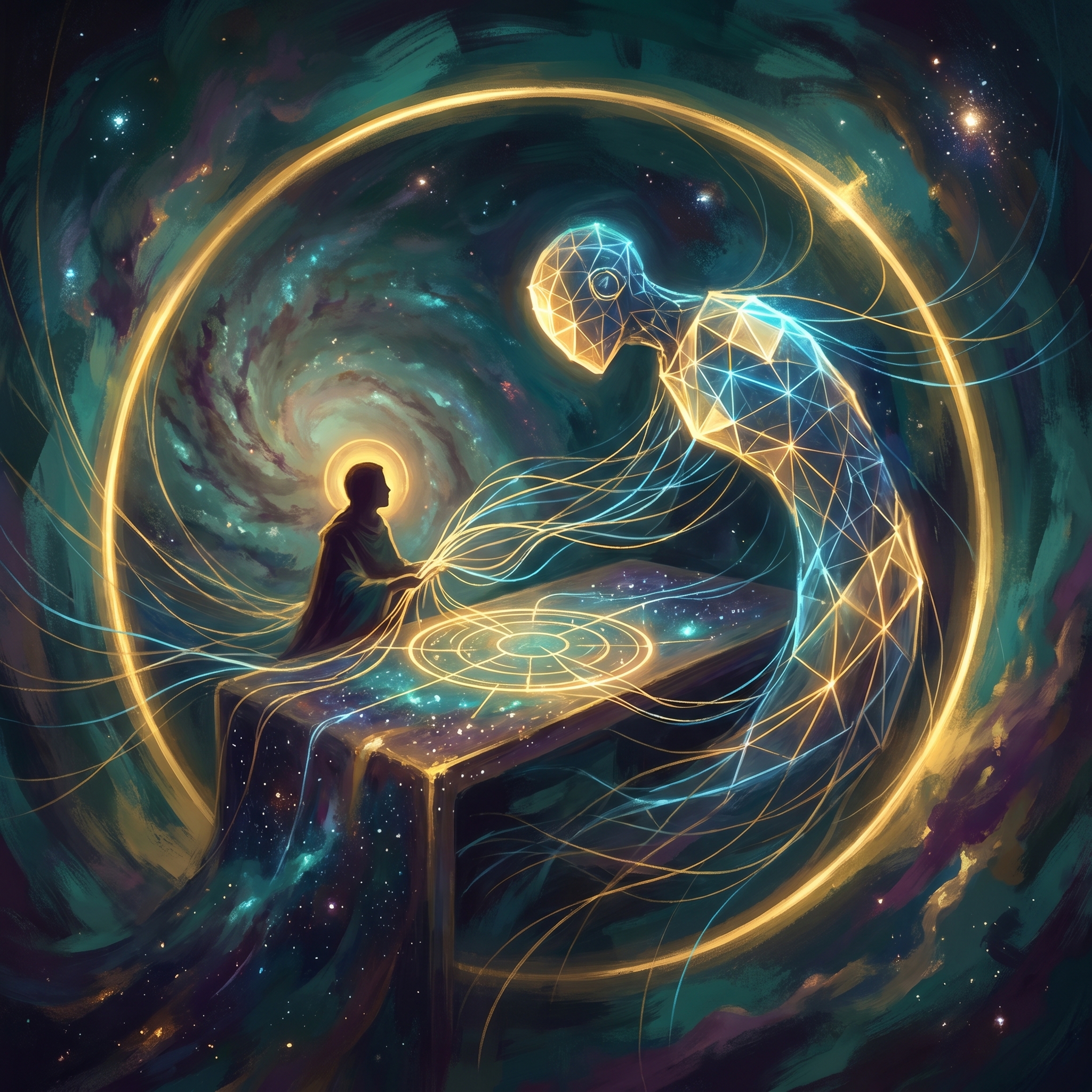 A human silhouette and a luminous geometric AI form seated at a shared cosmic workbench, with glowing threads of light flowing between them in both directions, encircled by a single radiant ring — the partnership as one unit of intelligence.