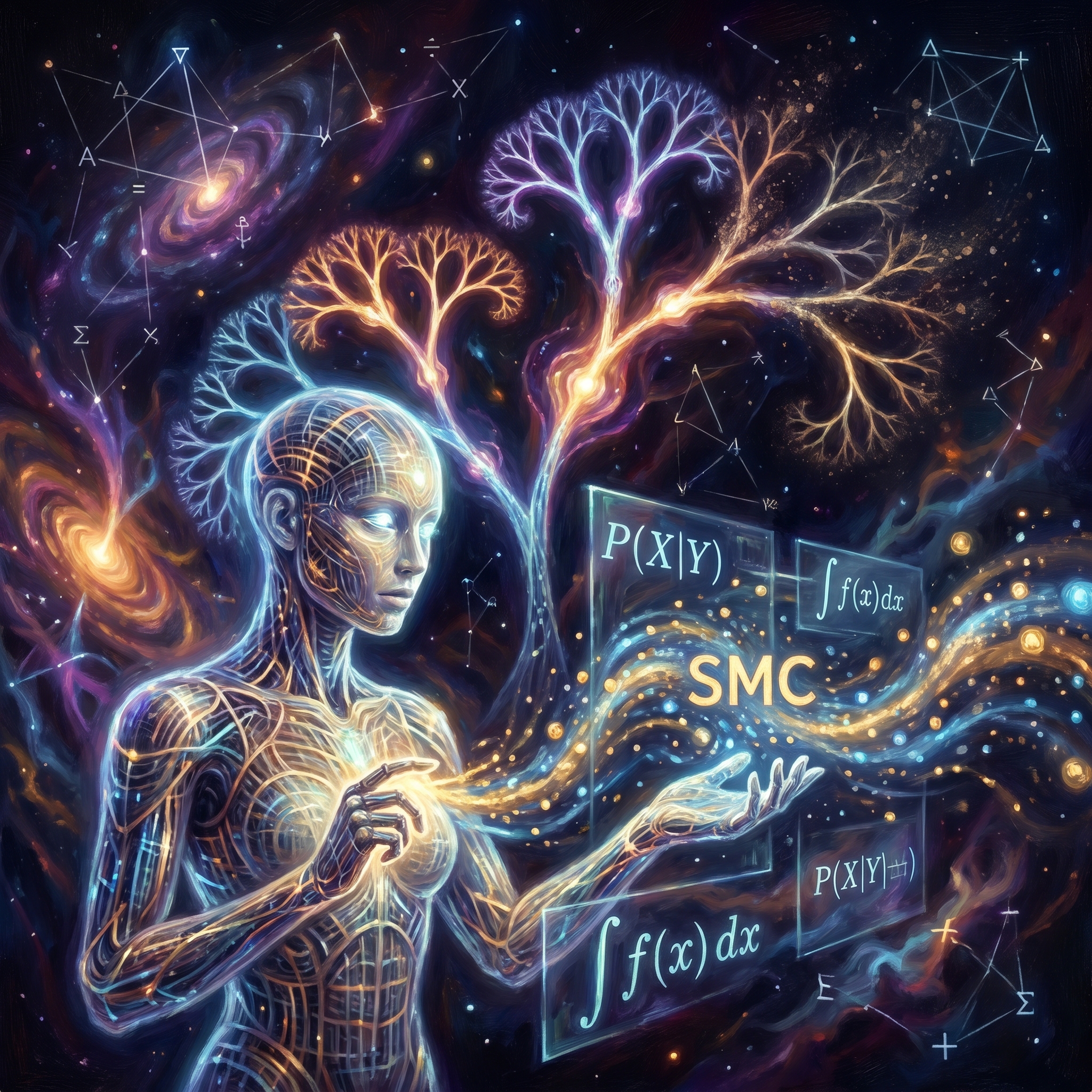 Sequential Monte Carlo particles flowing through scientific equations, AI autonomously discovering new hypotheses, glowing hypothesis trees evolving in dark cosmic space