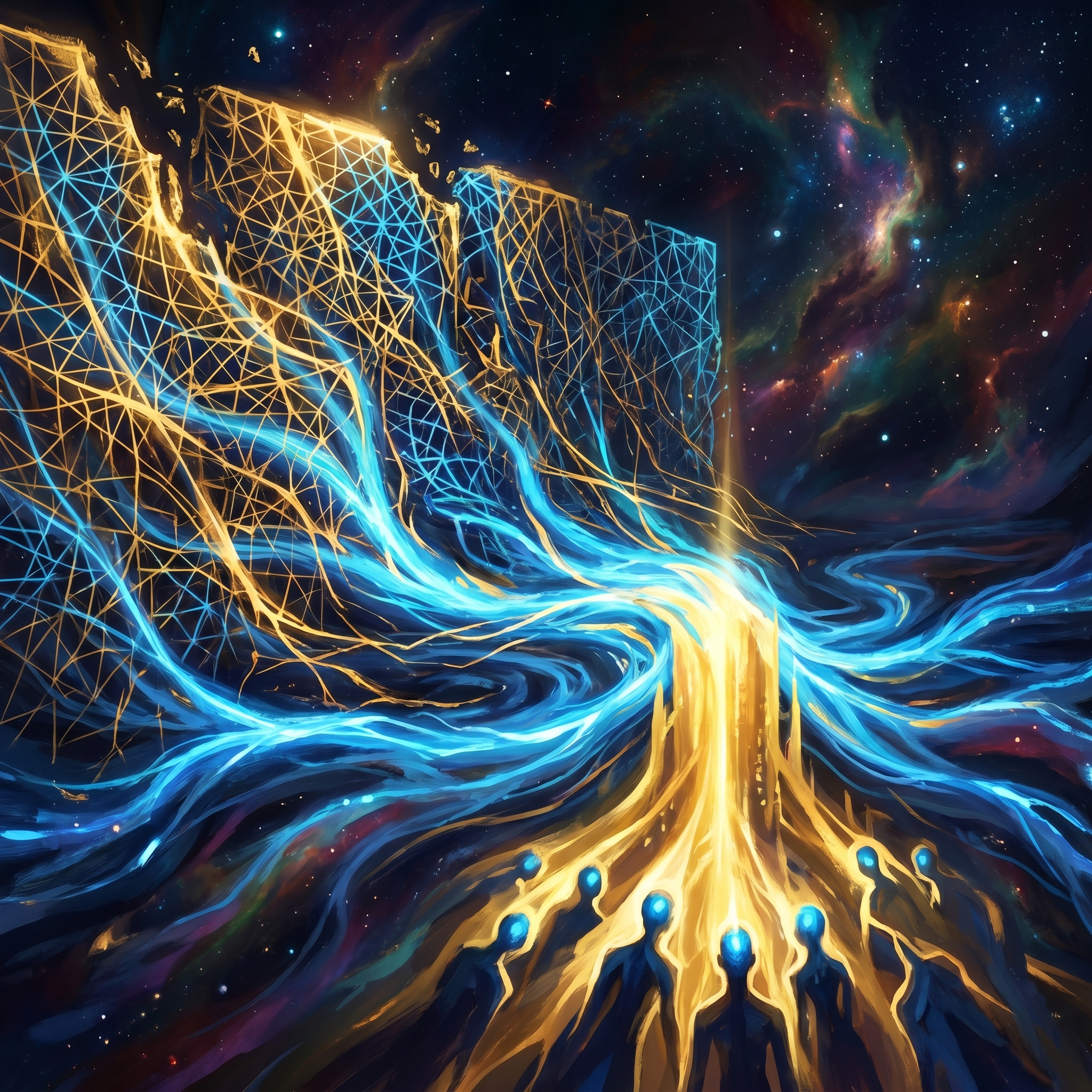 A vast luminous wall of pairwise mesh lines dissolving into flowing water that converges through a single bright central spine — the dyadic wall collapsing into a shared substrate that lets many minds operate as one.