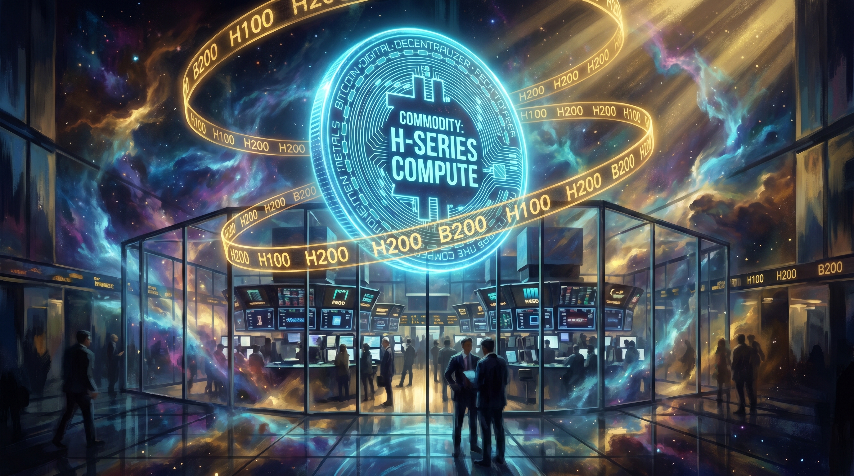 A neon-blue compute chip rendered as a coin hovering over a stock exchange trading floor, golden ticker tape of GPU model numbers wrapping it, cosmic nebula bleeding through the glass walls of the floor.