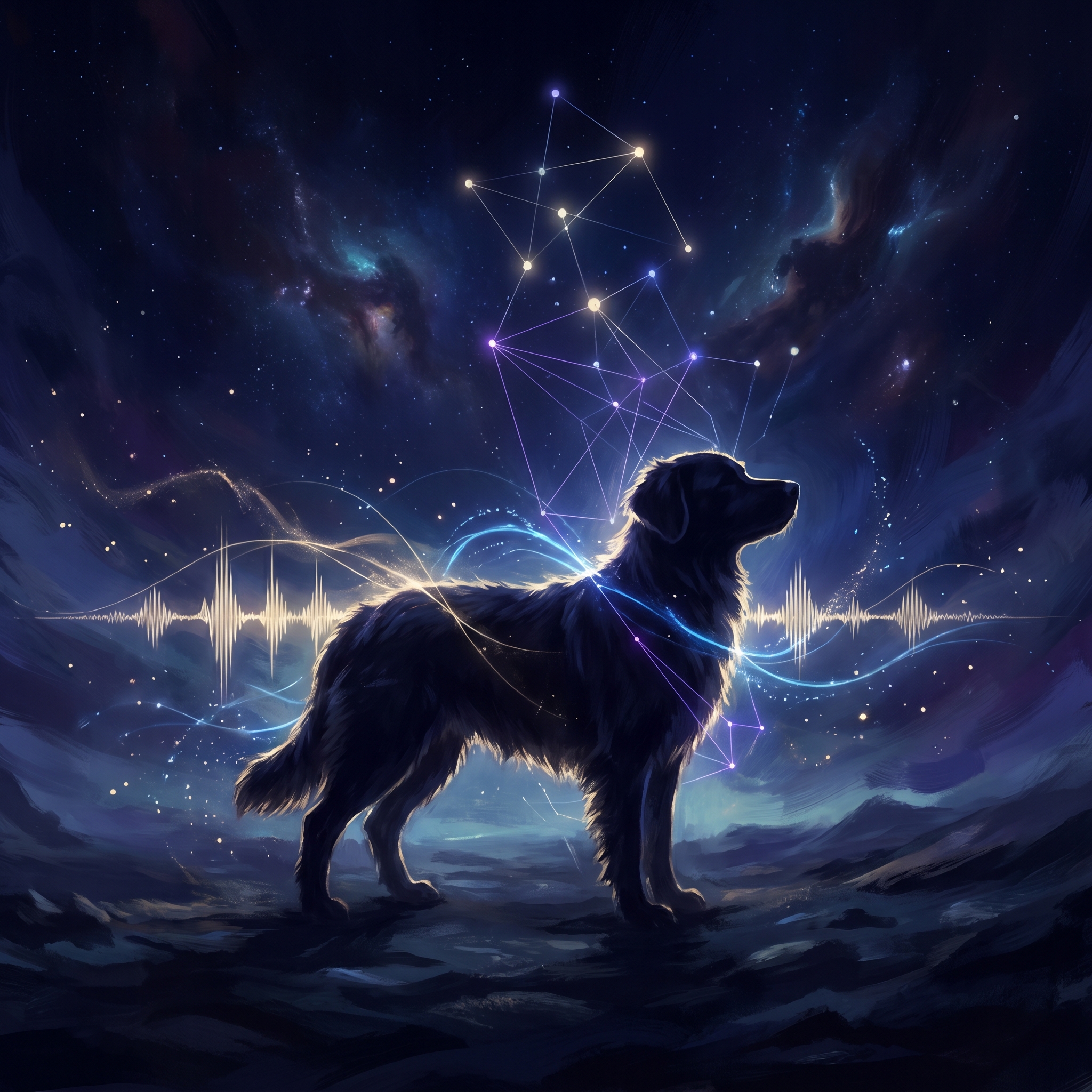 A dog rendered in luminous threads of data — audio waveforms, motion-trails, posture-vectors — converging into a constellation of meaning above its head, in a deep cosmic field