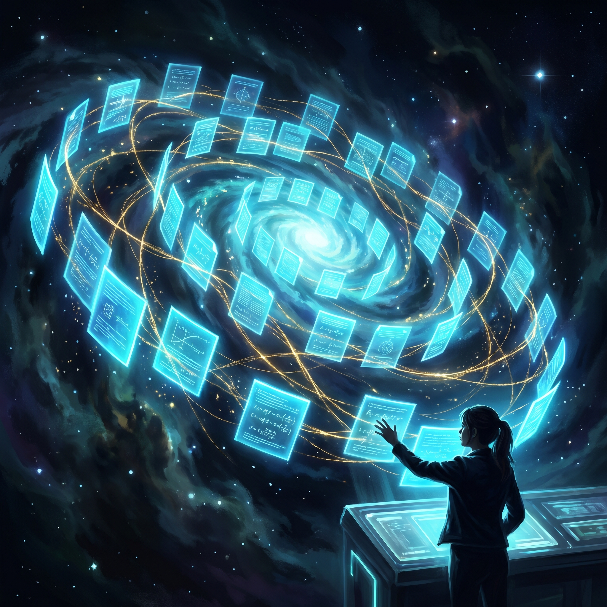 A vast cosmic library of glowing scientific papers floating in deep space like a galaxy of luminous PDFs, threaded together by golden filaments of citation, a small figure at a console reaching upward toward the corpus