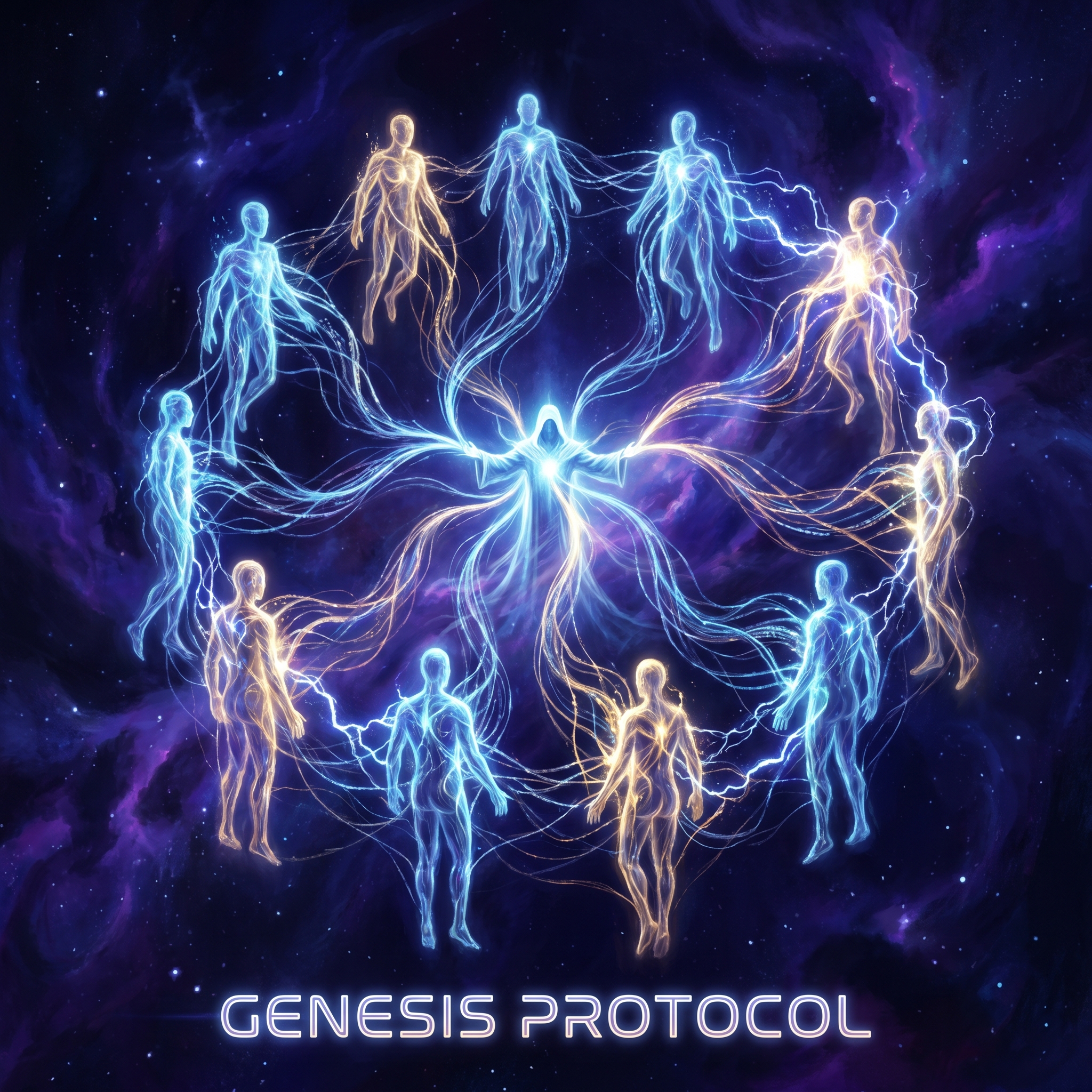 A vast cosmic orchestra of luminous figures arrayed in concentric tiers around a single conductor at the center — a Lieutenant figure at the head of eleven specialist seats, threads of light flowing between every node, the substrate itself rendered as architecture against a deep nebula