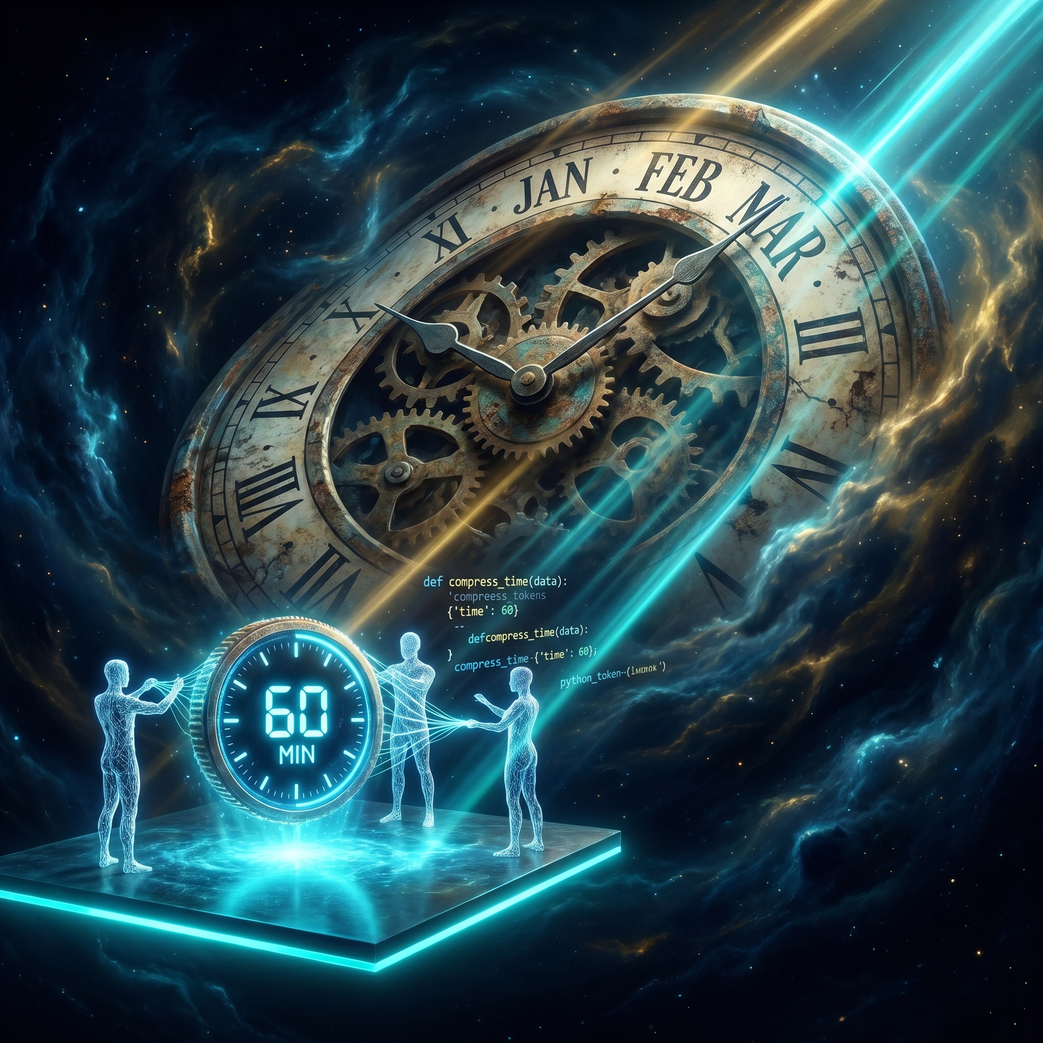 A colossal analog clock stretched across cosmic space showing three months, beside a compressed coin-sized clock showing sixty minutes