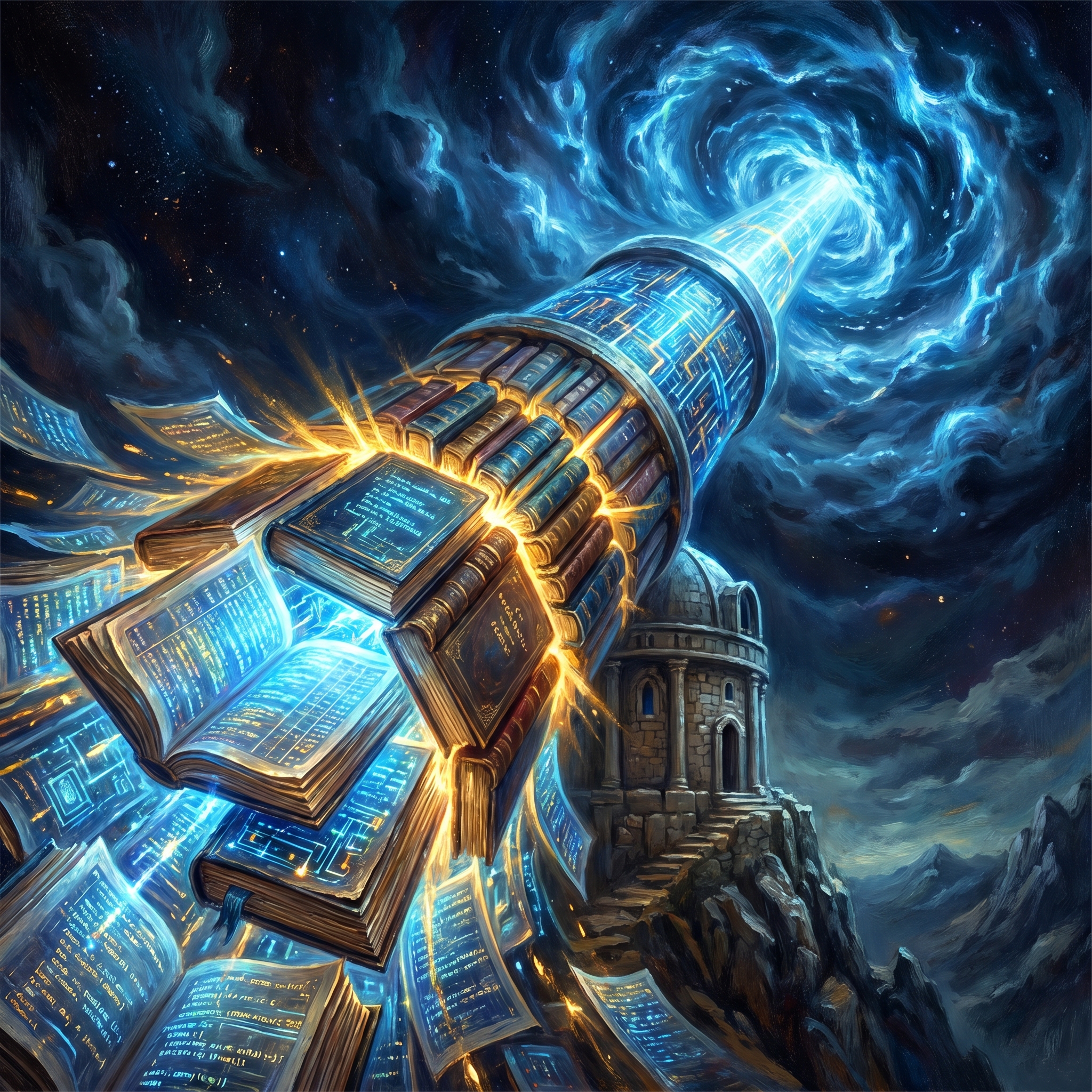 An ancient astronomical observatory whose telescope is built from cascading glowing ledger pages, pointing at a probabilistic storm cloud being tamed into a steady beam, dark cosmic backdrop.
