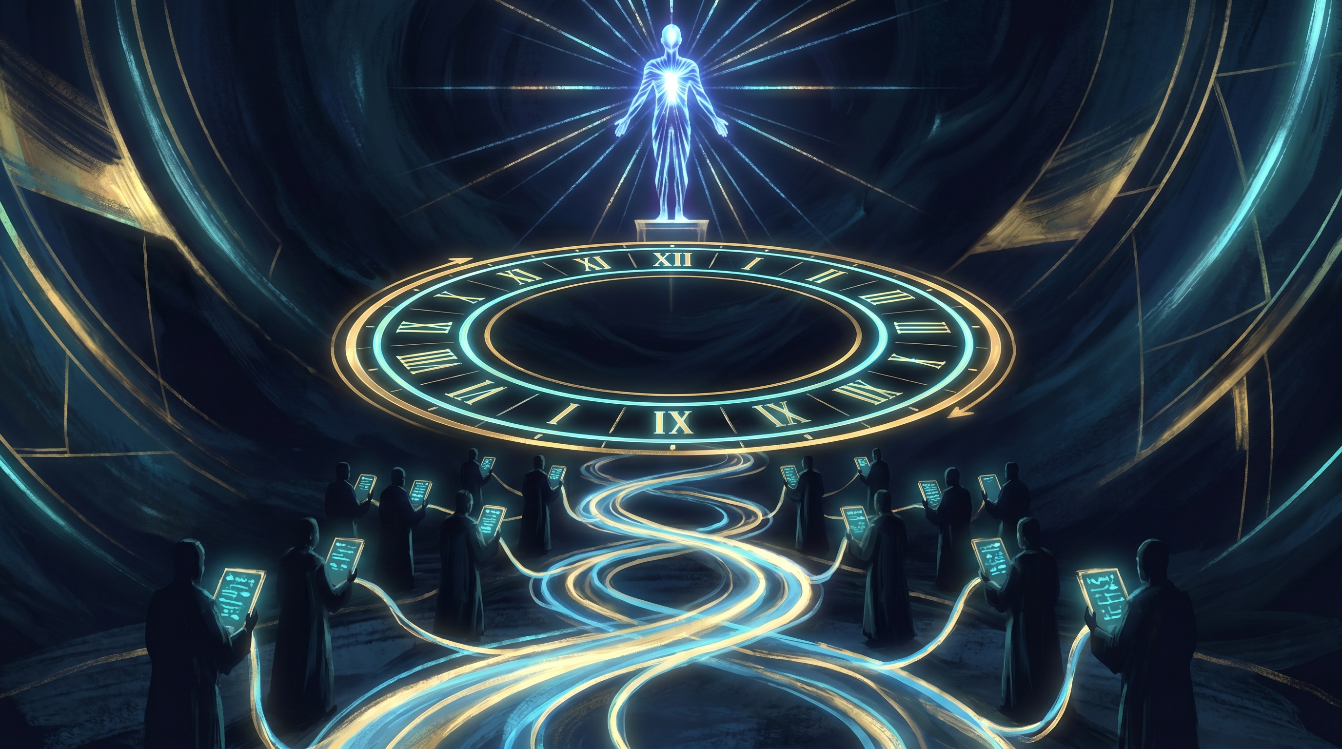 A luminous cinematic architecture diagram of an autonomous AI civilization: a glowing conductor figure of blue light above a 24-slot circular clock dial, with rows of department-head silhouettes holding memory ledgers beneath, connected by a bright event-stream river, dark navy background, gold and cyan accents