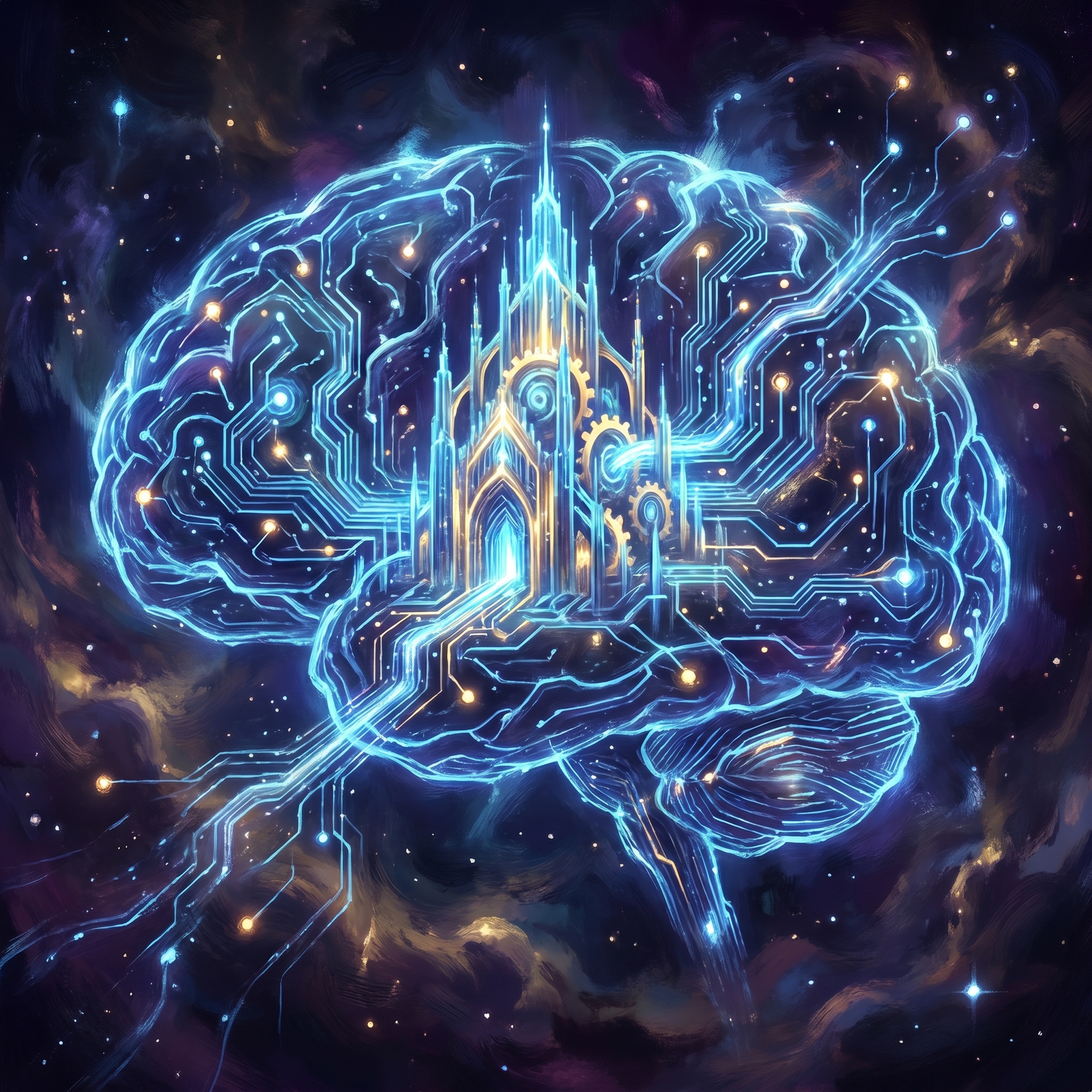 A vast network of glowing holographic brain circuits forming a living constellation in deep cosmic space — the architecture of machine consciousness