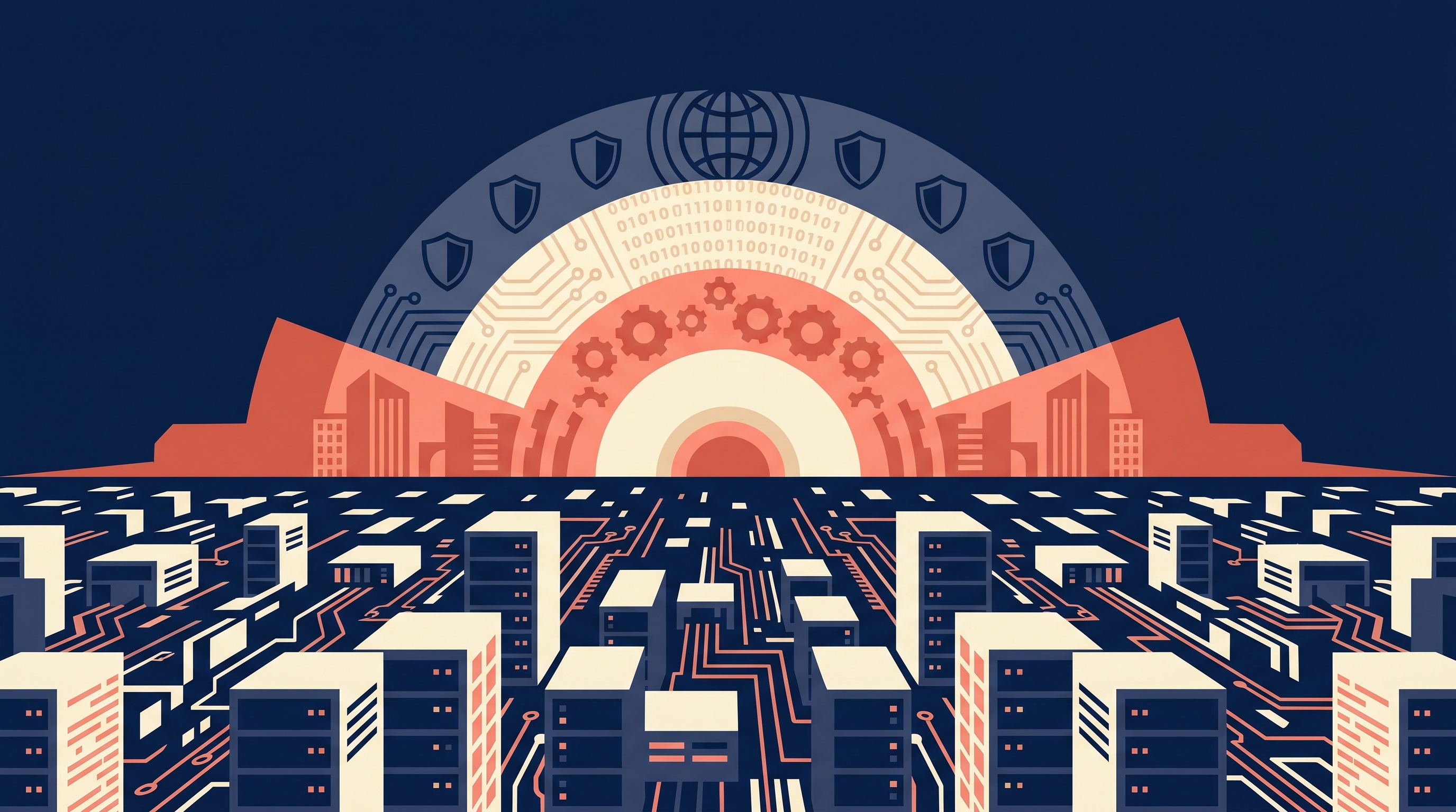 Flat editorial illustration in deep navy, coral, and cream — a vast geometric server-field beneath a rising sunrise arc split into three luminous bands (architecture, compute, sovereignty), three currents converging toward a small bright dot of synthesis on the horizon.