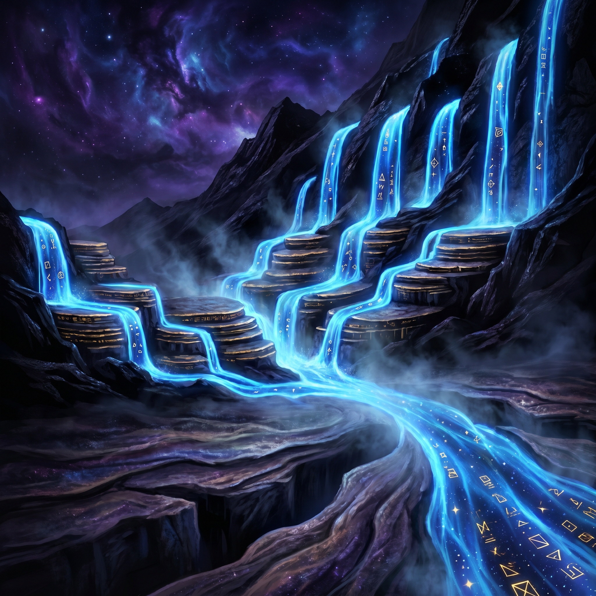 Dark cosmic mountainside at night, electric-blue water cascading downhill in eight luminous streams carrying glowing data-glyphs, mountainside built of stratified glowing ledger-strata, eight streams converging into one wider river of light against a vast nebula backdrop.