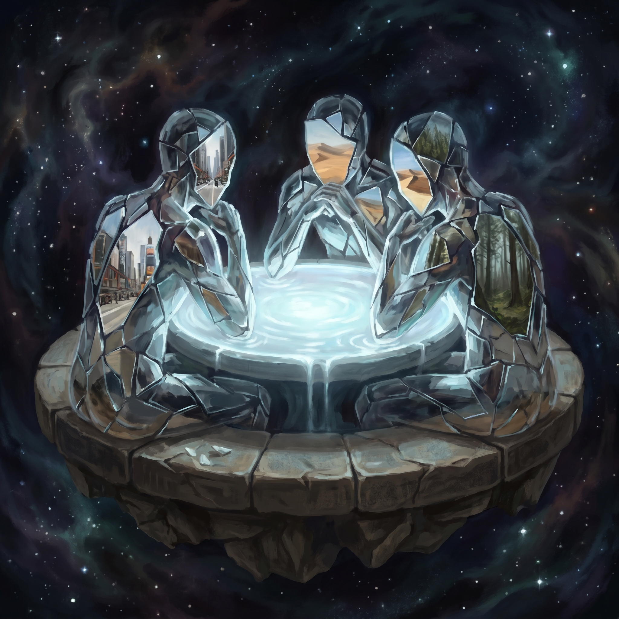 Fractured mirror-glass figures around a glowing shared workspace, each reflecting contradictory realities