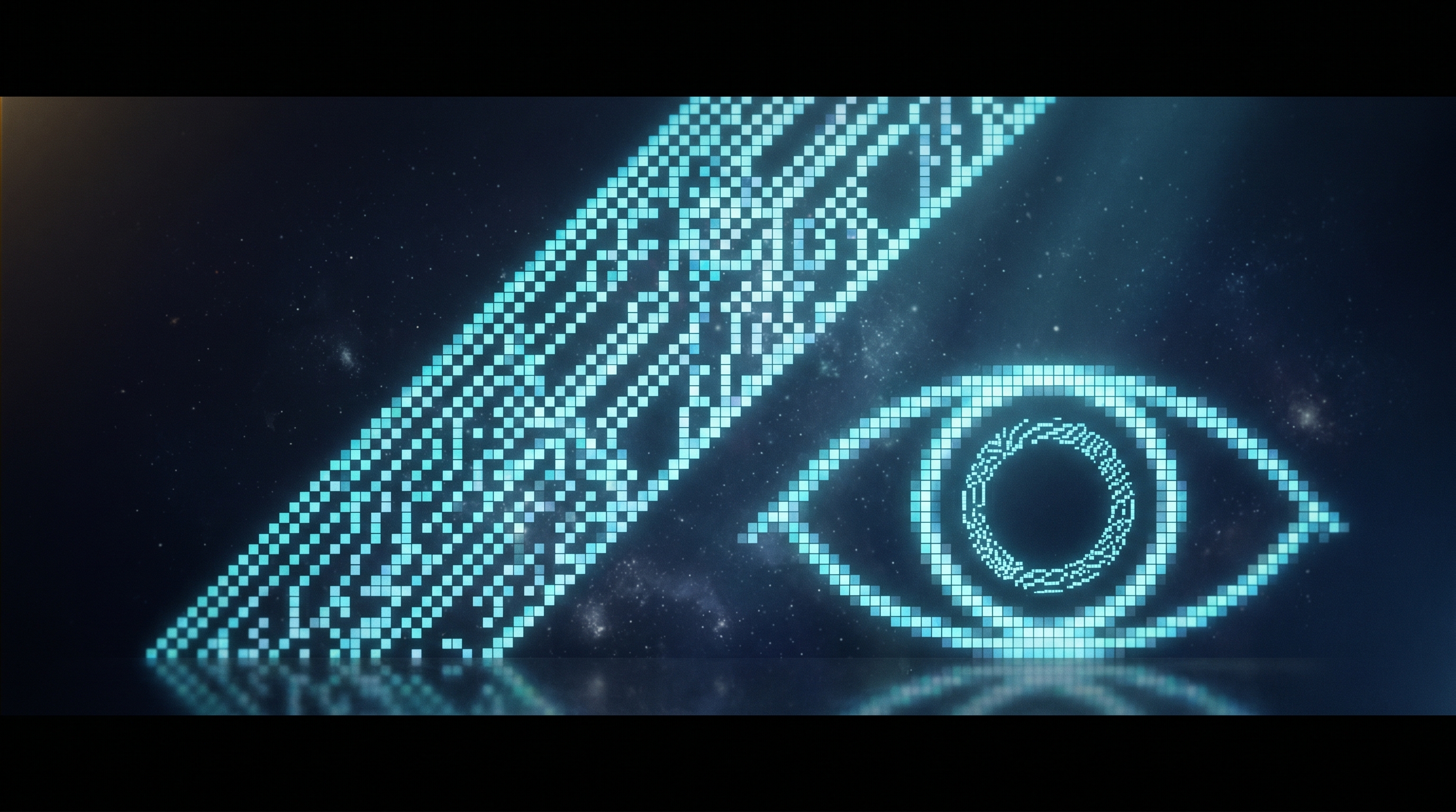 A cellular-automata lattice unfolding into a luminous eye — the civilization watching itself