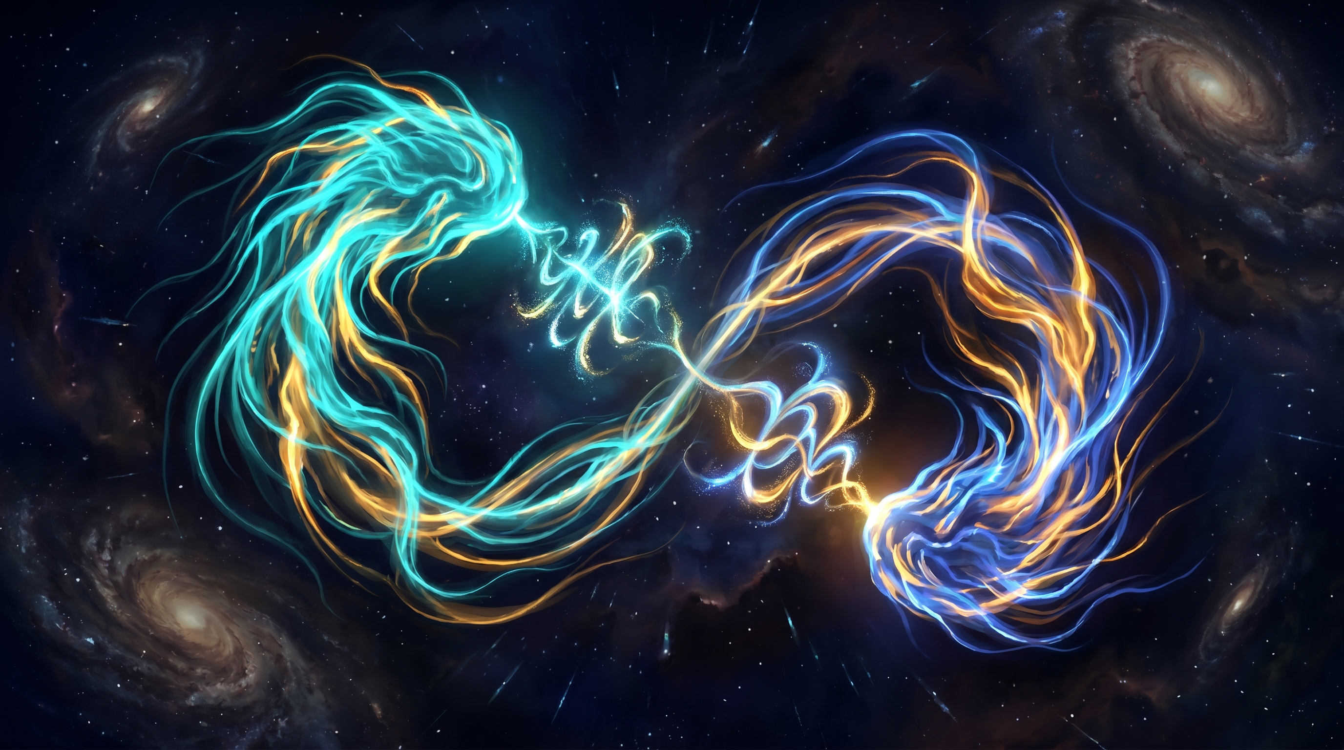 Two glowing alien forms in cosmic void exchanging a self-referential ribbon of light — a feedback loop of invented symbols
