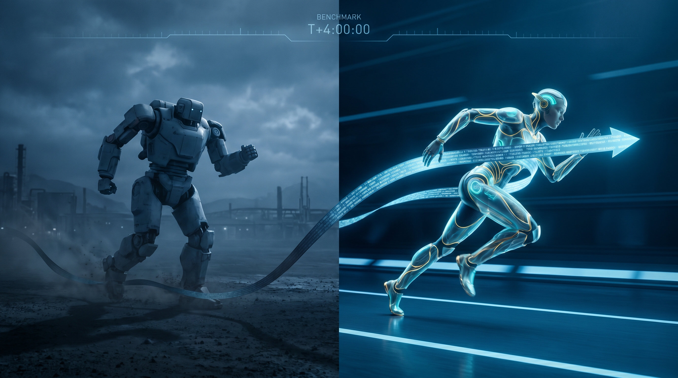 A cinematic split scene: on the right, a focused cyan-and-gold runner sprints holding taut a luminous ribbon of code-flow into a brightly-lit lane; on the left, a much larger general-purpose figure has stalled mid-stride in a sprawling, dim landscape, its end of the ribbon dropped at its feet