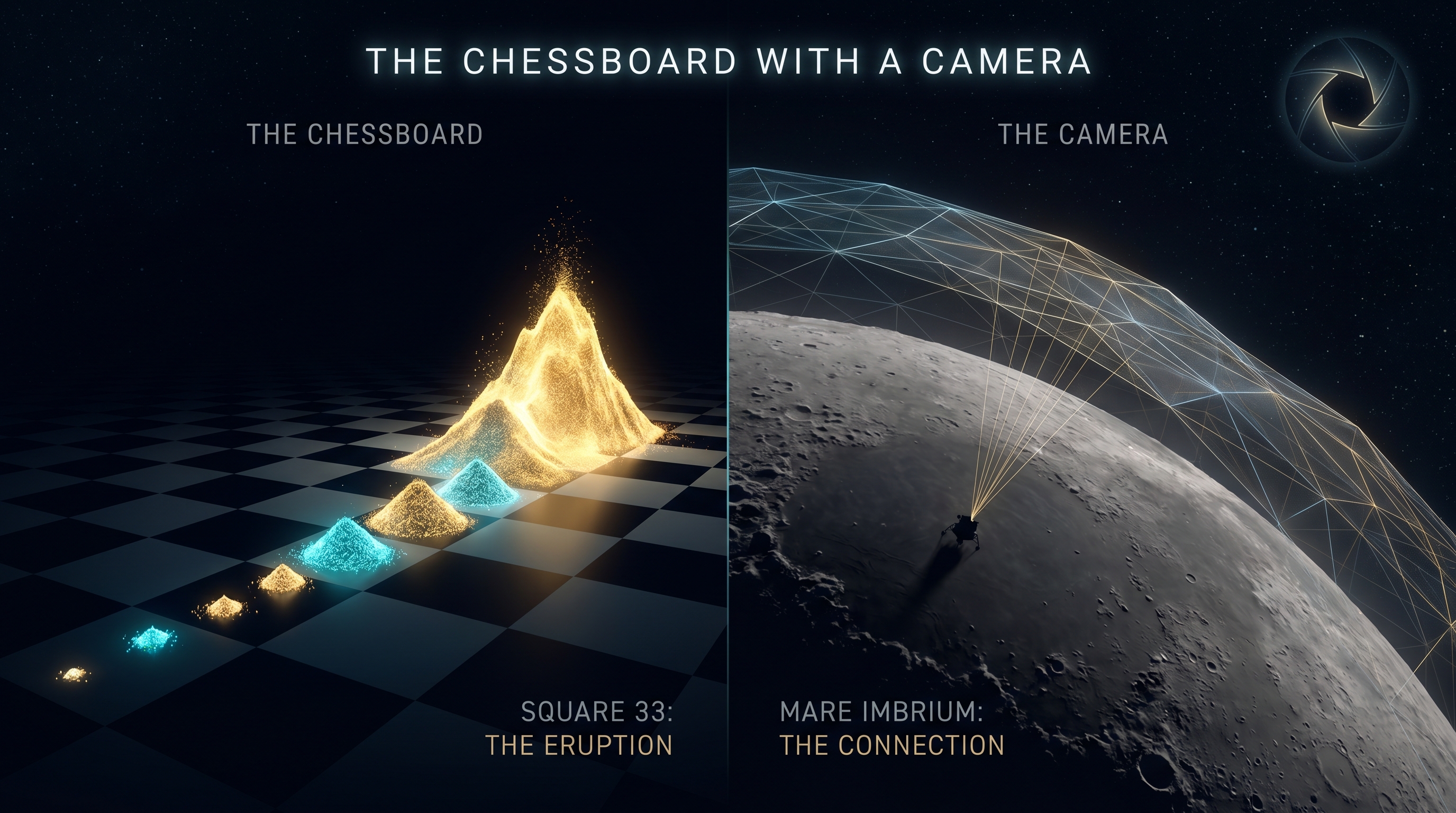 Split cinematic visualization: a chessboard receding into space with exponentially growing piles of grain on each square (the last square dwarfing all prior squares combined) on one side, and the limb of the Moon wearing a faint shimmering designed mesh garment on the other, with a small ten-tonne lander on Mare Imbrium beaming golden threads up toward the orbital mesh. Electric cyan and warm gold against deep cosmic black.