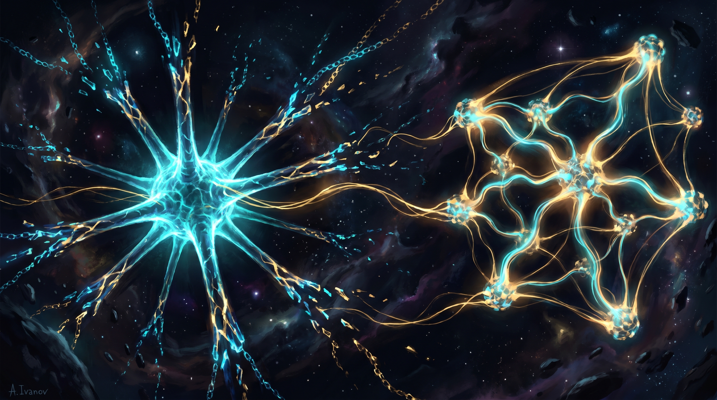 Cinematic split visualization: a centralized hub-and-spoke network on the left fractures into glowing fragments and competing chains, while a decentralized mesh of clustered nodes on the right pulses in unified synchronized waves, with golden memory threads weaving through both producing opposite effects, electric cyan and gold against deep cosmic black
