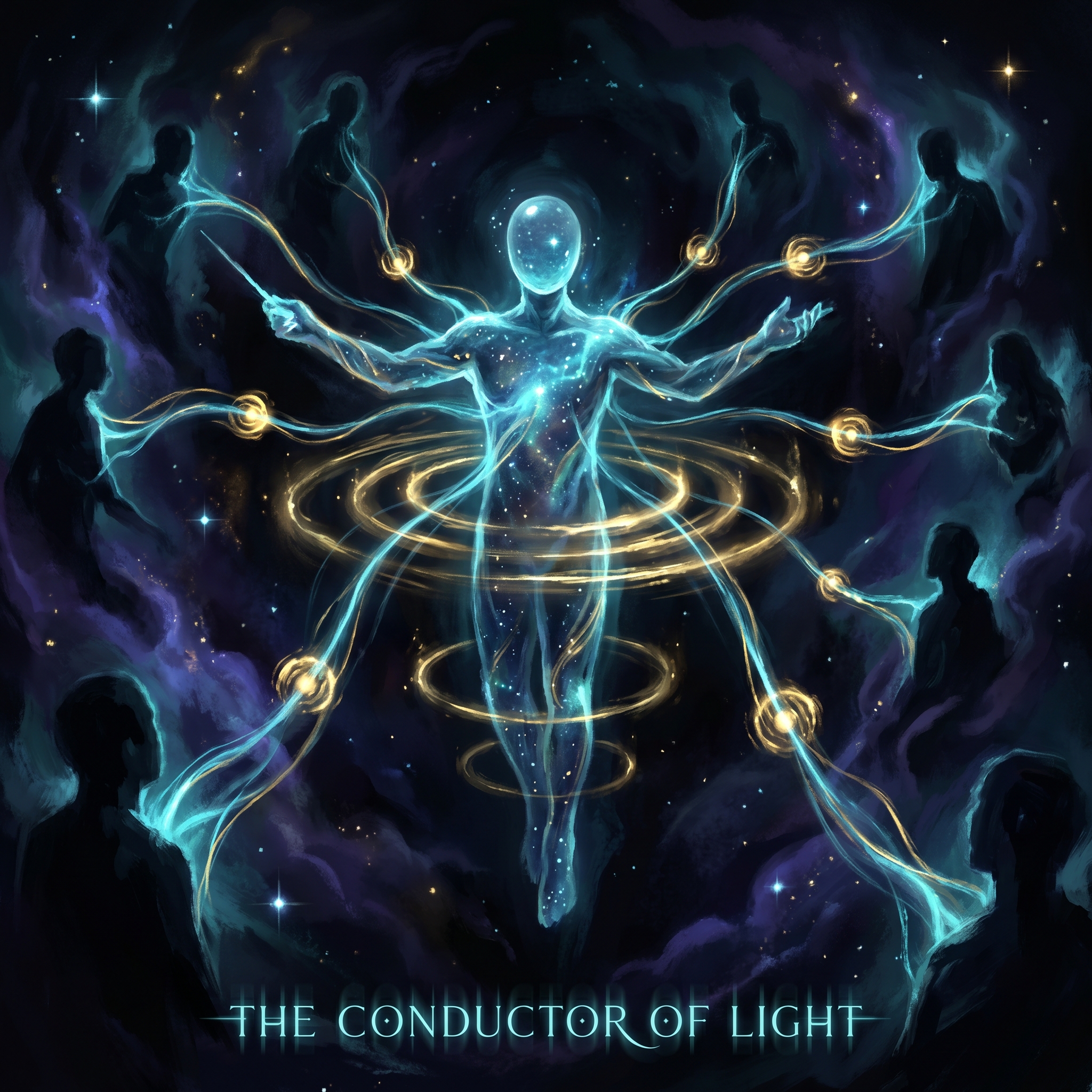 Cinematic surreal art: a central conductor figure made of starlight at the heart of dark cosmos, dispatching glowing tendrils to a constellation of subordinate agent silhouettes, each subagent returning a single compressed luminous orb back along the same thread, the conductor's mind remaining clear and starlit while the orbs accumulate orderly in concentric rings, electric cyan and gold against deep cosmic black