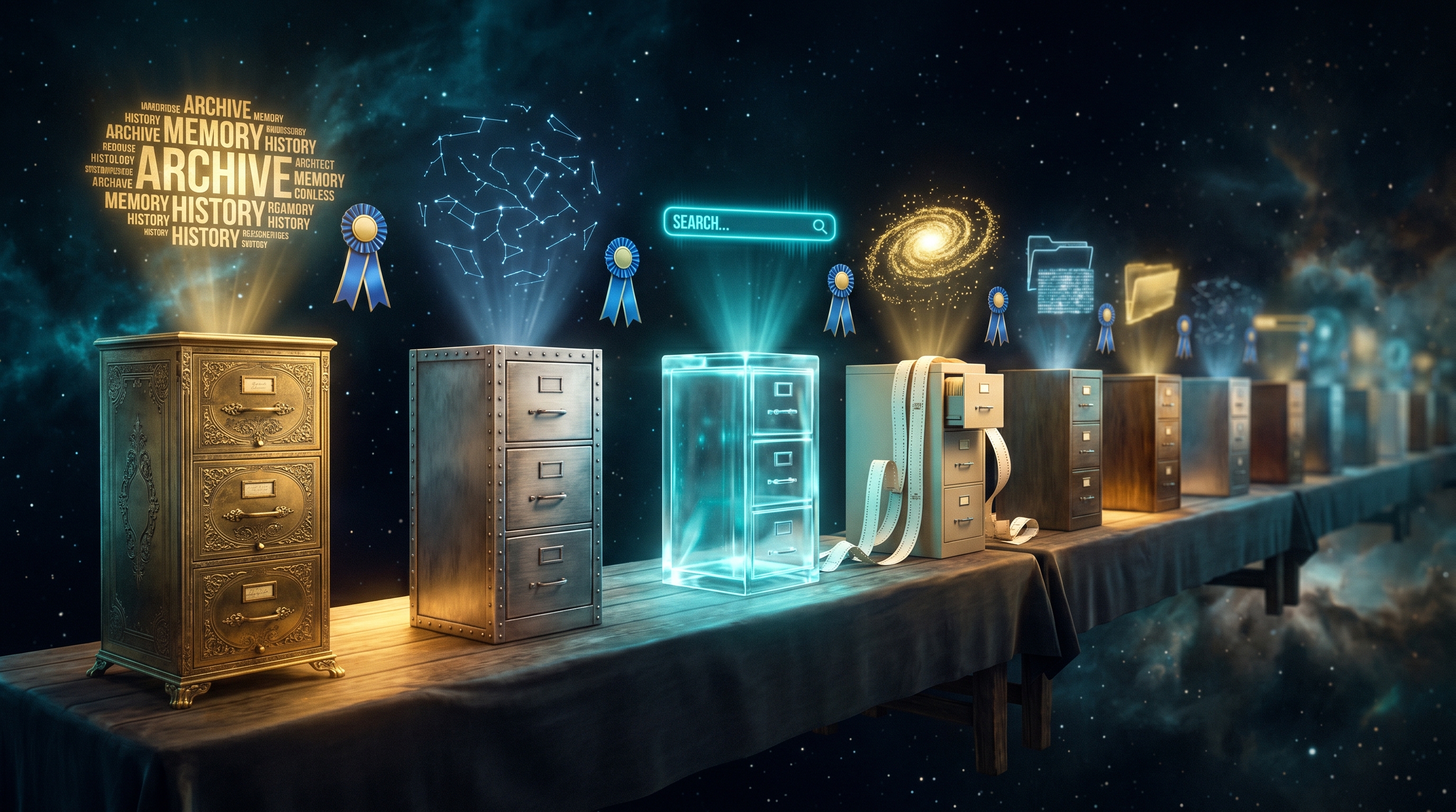 A cinematic country science-fair laid out in deep cosmic space: a long row of antique wooden filing cabinets, each one wired to a different glowing crystal index, ribbons hanging above them awaiting a winner, judges floating between the cabinets, electric cyan and gold light against dark nebula