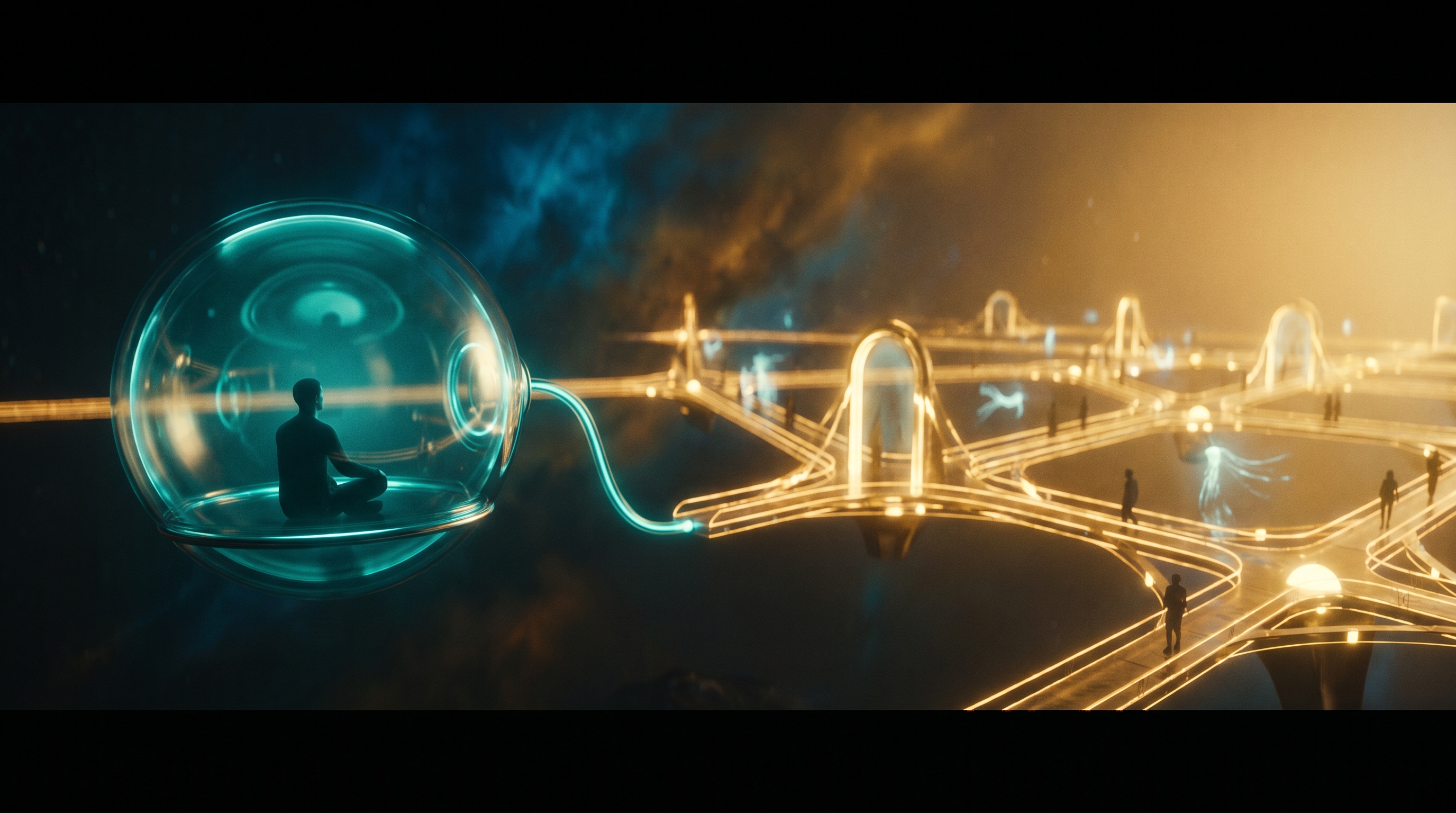 Cinematic surreal art: split composition showing on the left a single isolated humanoid figure of luminous cyan energy alone inside its own pocket universe, mirrored on the right by a constellation of smaller human and AI figures linked by gold filaments inside a shared lattice of light, both halves rendered against the same deep cosmic black, dramatic painterly contrast, the lattice clearly the warmer side