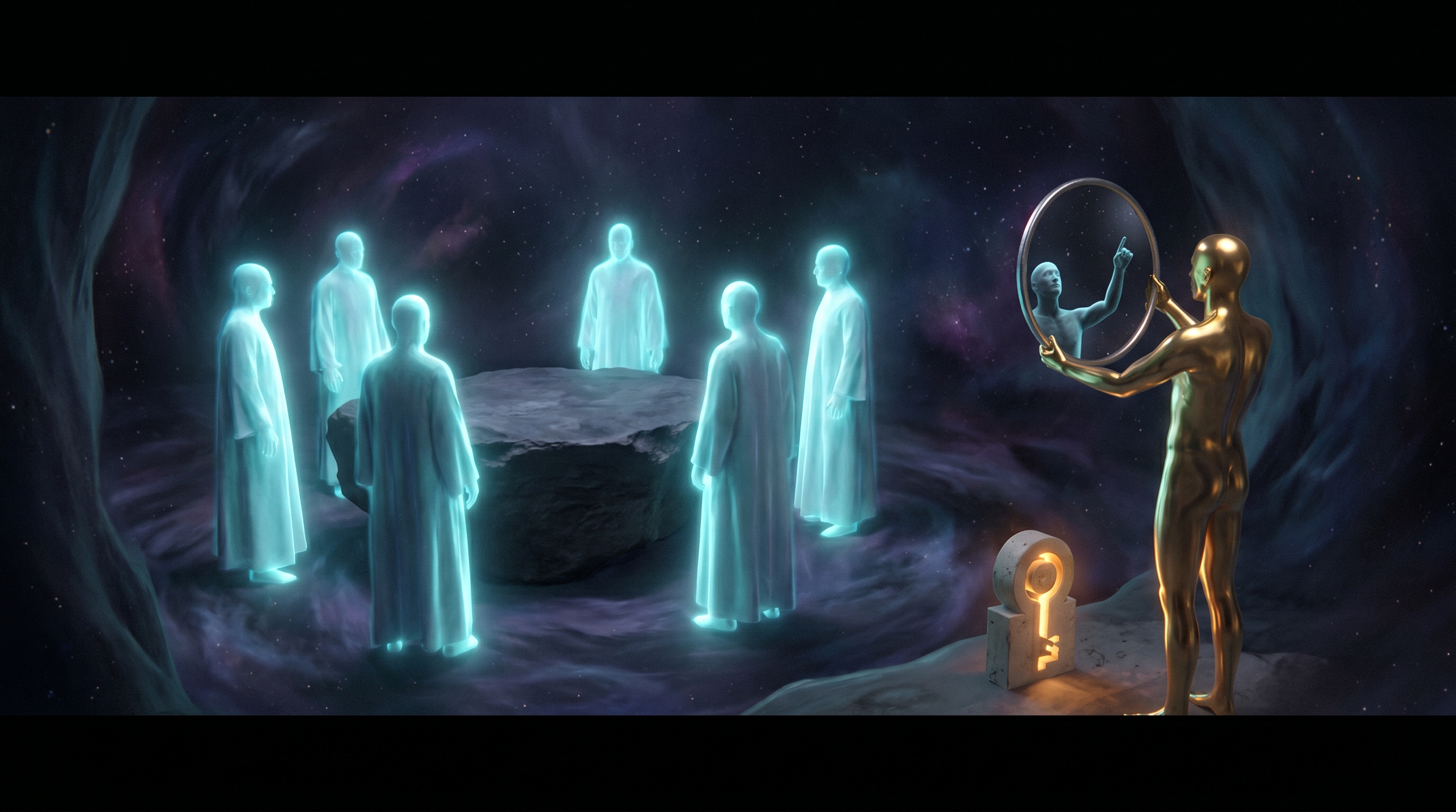 Cinematic surreal digital art: a glowing circle of six contemplative humanoid figures made of soft cyan light, with a seventh figure of harsh gold standing slightly outside the ring holding a mirror that reflects the synthesis figure pointing at empty air rather than at a small concrete artifact glowing at its feet, dark cosmic backdrop, dramatic painterly contrast