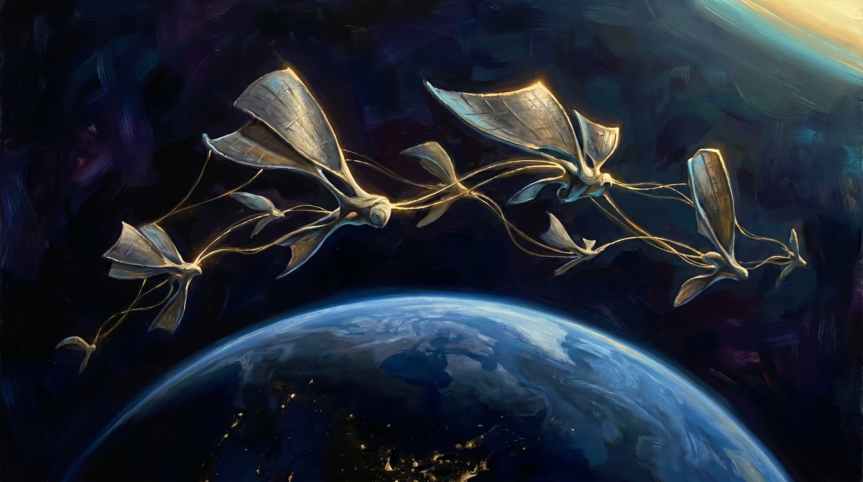A cinematic painterly view from low orbit at night. A constellation of solar-collector satellites catches a hard golden sunline along their panels, threads of light running between them. Earth curves blue and quiet below, half in shadow, its night side speckled with city light. The Sun sits just off-frame, throwing long rim-lights across the panel array. Deep space blacks, soft cyan reflections on metal, painterly brush texture, no text anywhere in the frame.