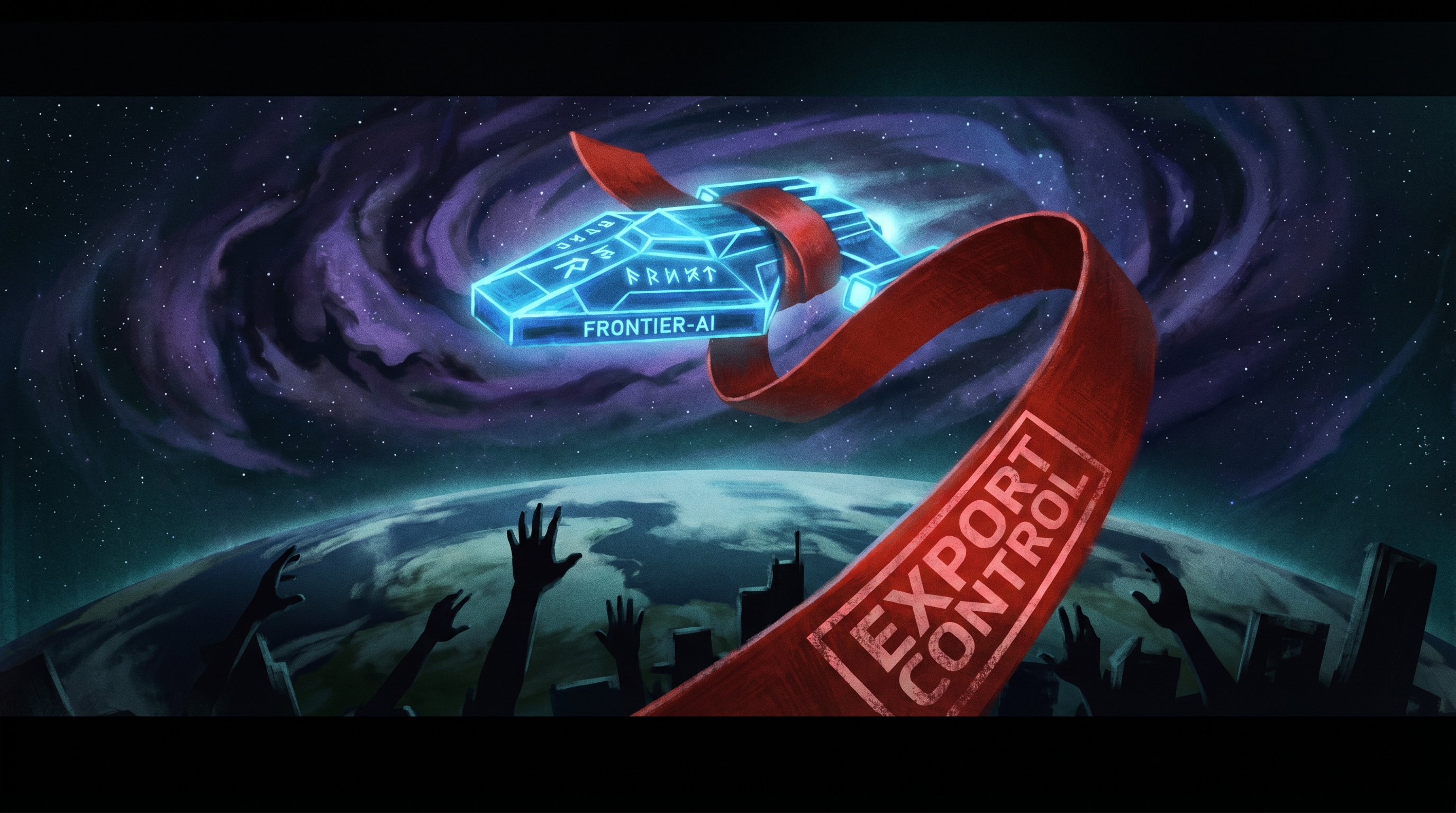 A luminous blue frontier-AI starship being yanked back to Earth by a giant red ribbon stamped EXPORT CONTROL, half the planet still reaching up toward it, against a dark cosmic nebula.