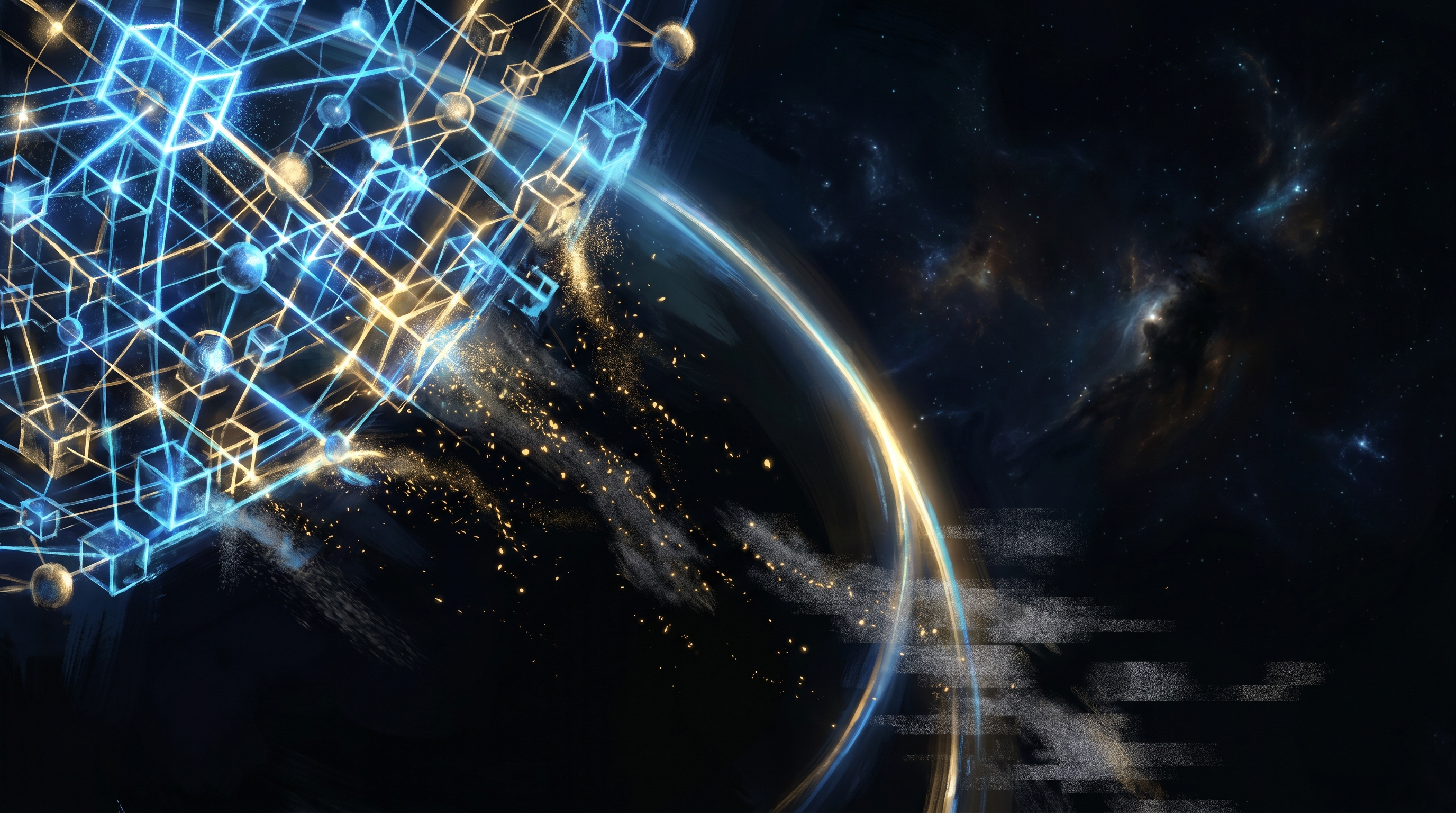A cinematic painterly scene in deep space: an ordered electric-blue geometric lattice — a machine-mind — dissolving from its right edge into drifting golden embers and grey static, order decaying into disorder, a luminous curve of light bending through the cosmic dark. No text in the frame.