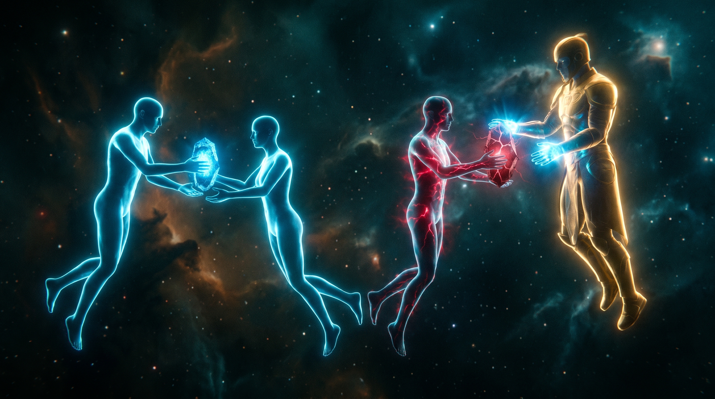 Cinematic painterly deep-space scene: a luminous electric-blue chain of four linked agent-figures passing a glowing artifact down the line; the third figure is tinged with a malicious red glow, subtly corrupting the artifact as it passes; at the very end of the chain a steady golden guardian-figure catches and repairs the artifact, restoring its blue light. High contrast, surreal, no text in frame.